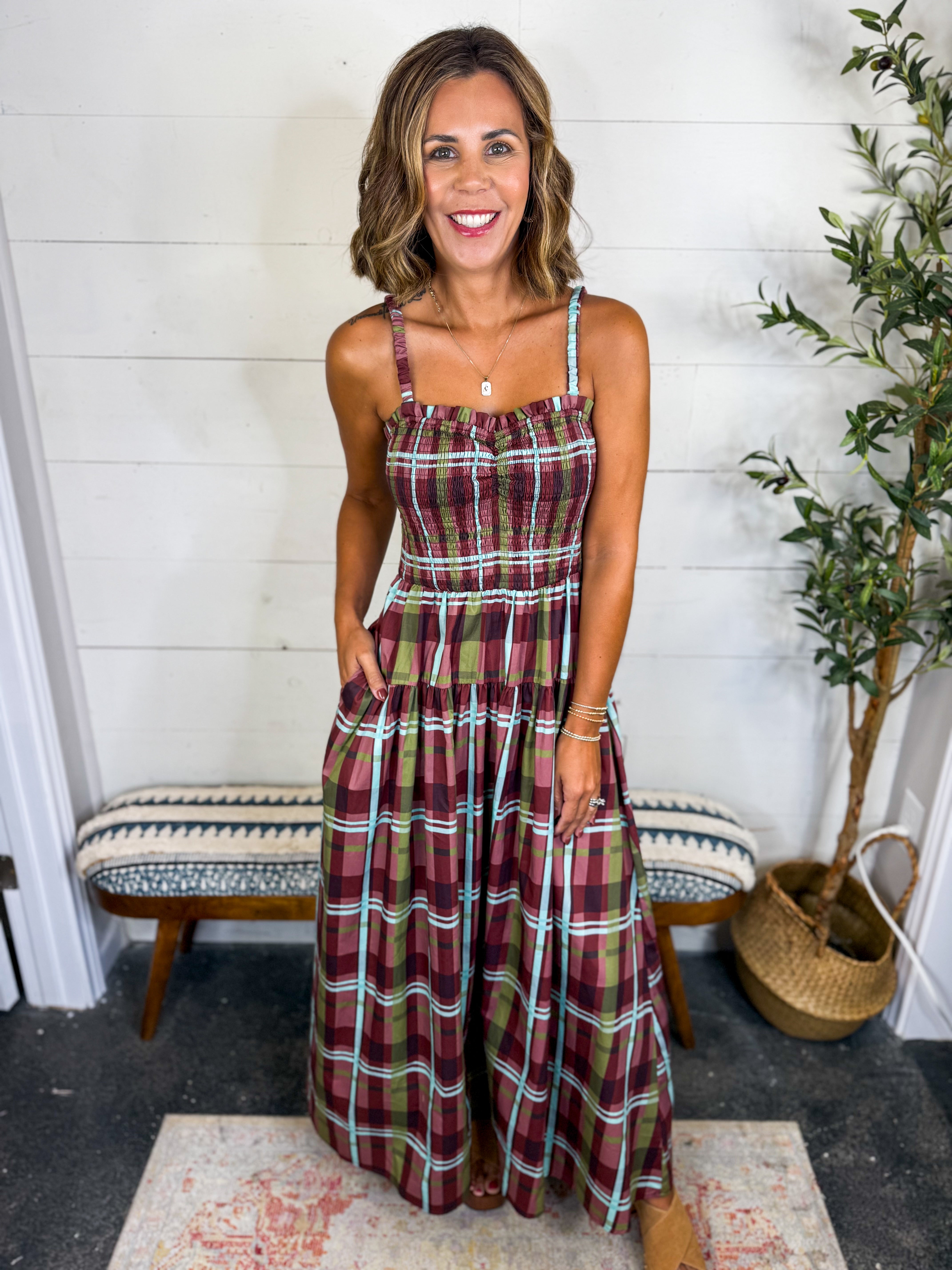 Pretty Follies Burgundy Plaid Sleeveless Maxi Dress