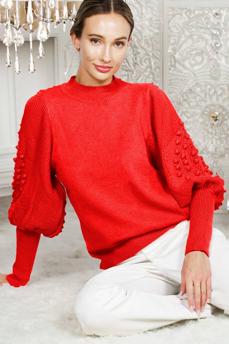 Round Neck Pom Pom Balloon Sleeve Sweater