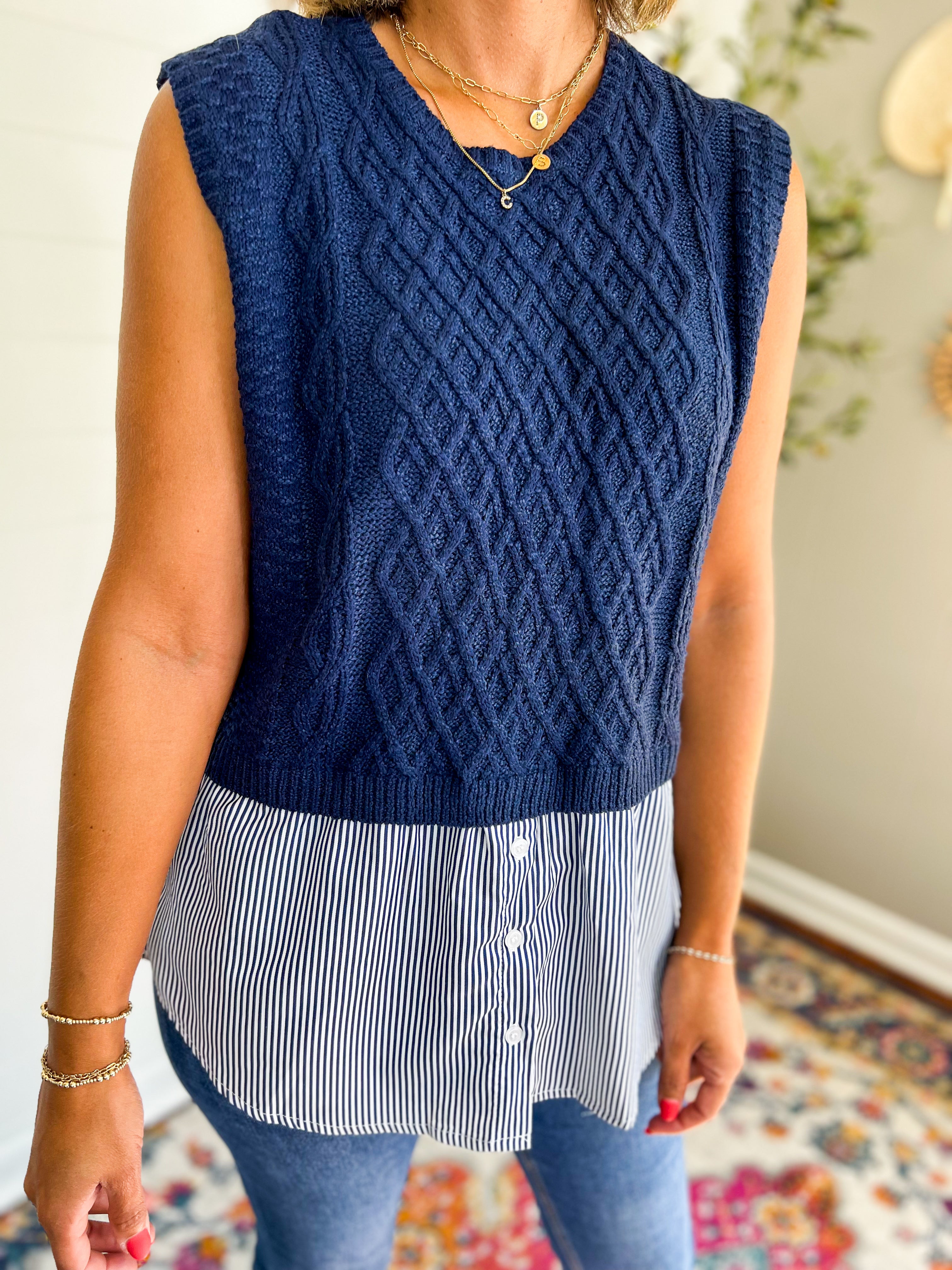 Striped Shirt Layered Sleeveless Sweater