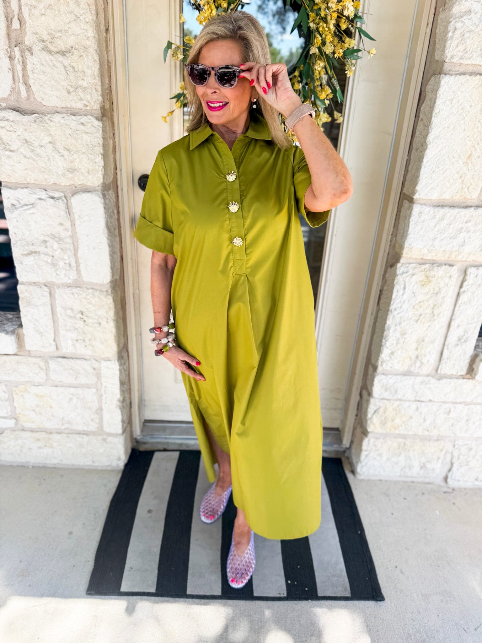 Short Sleeve Midi Dress W/ Gold Buttons