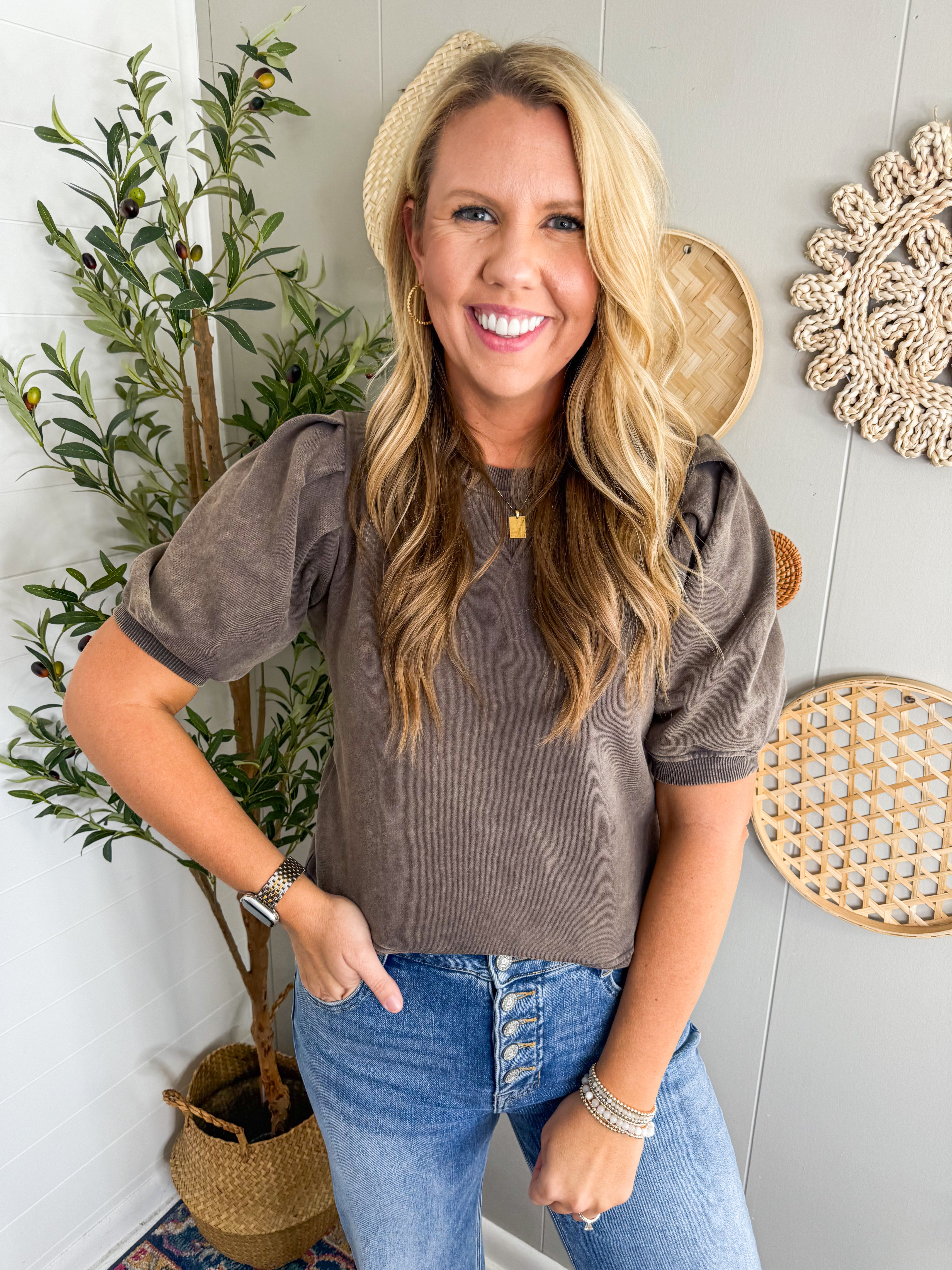 Pleated Sleeve Cotton Washed Sweat Shirt