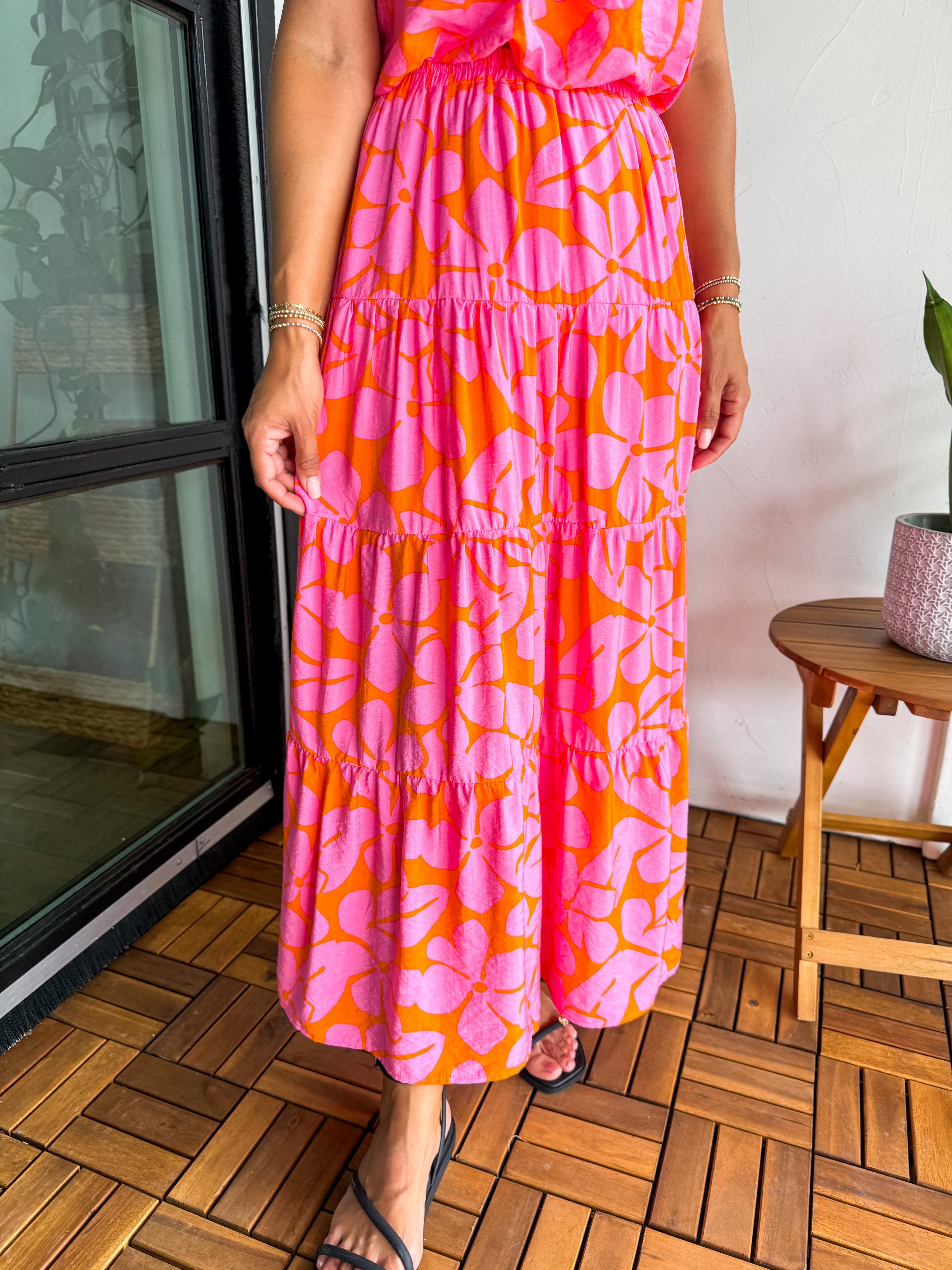 Floral Print Tiered Midi Maxi Long Skirt With Elastic Waist