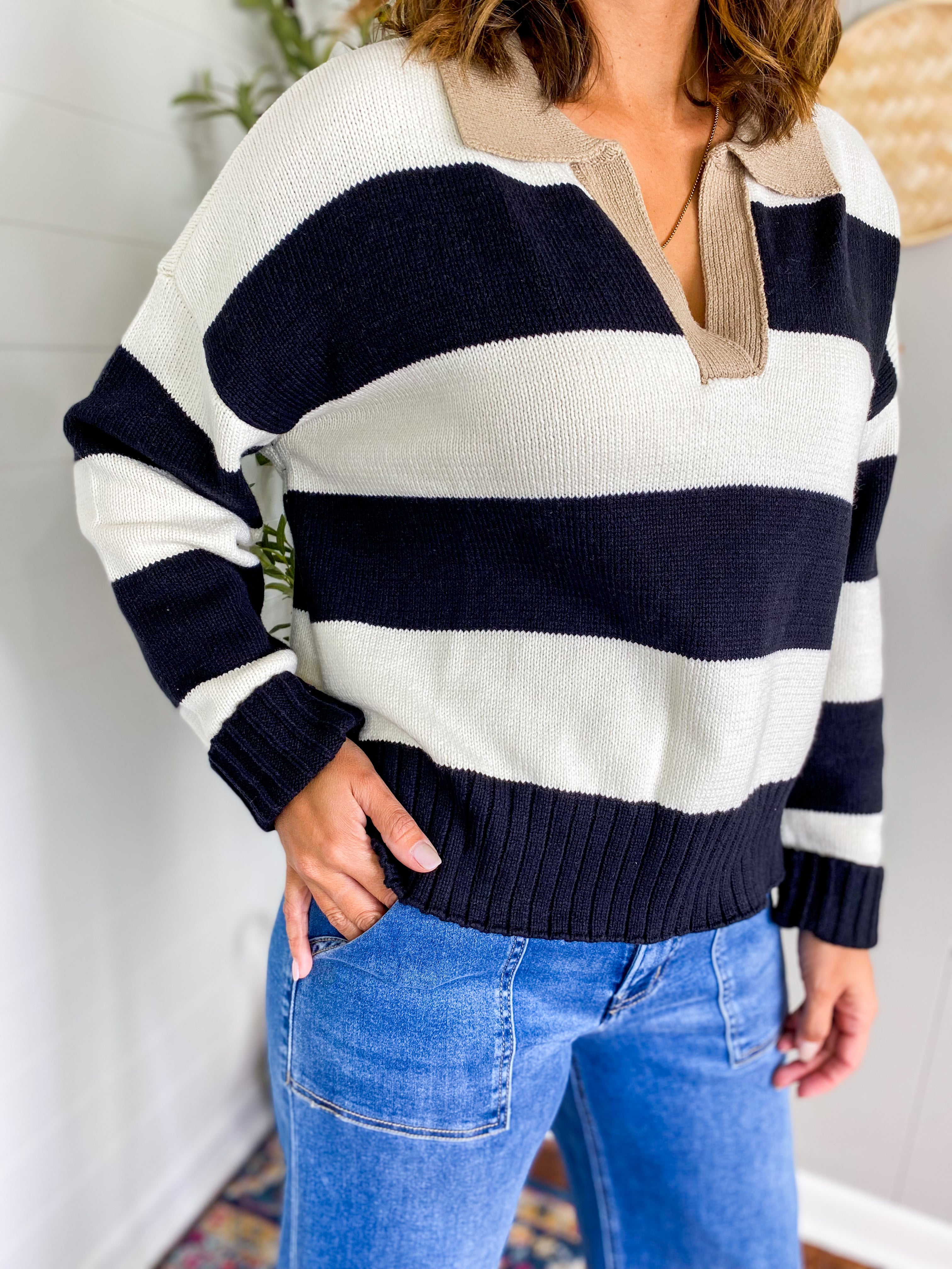 Collared Striped Long Sleeve Sweater