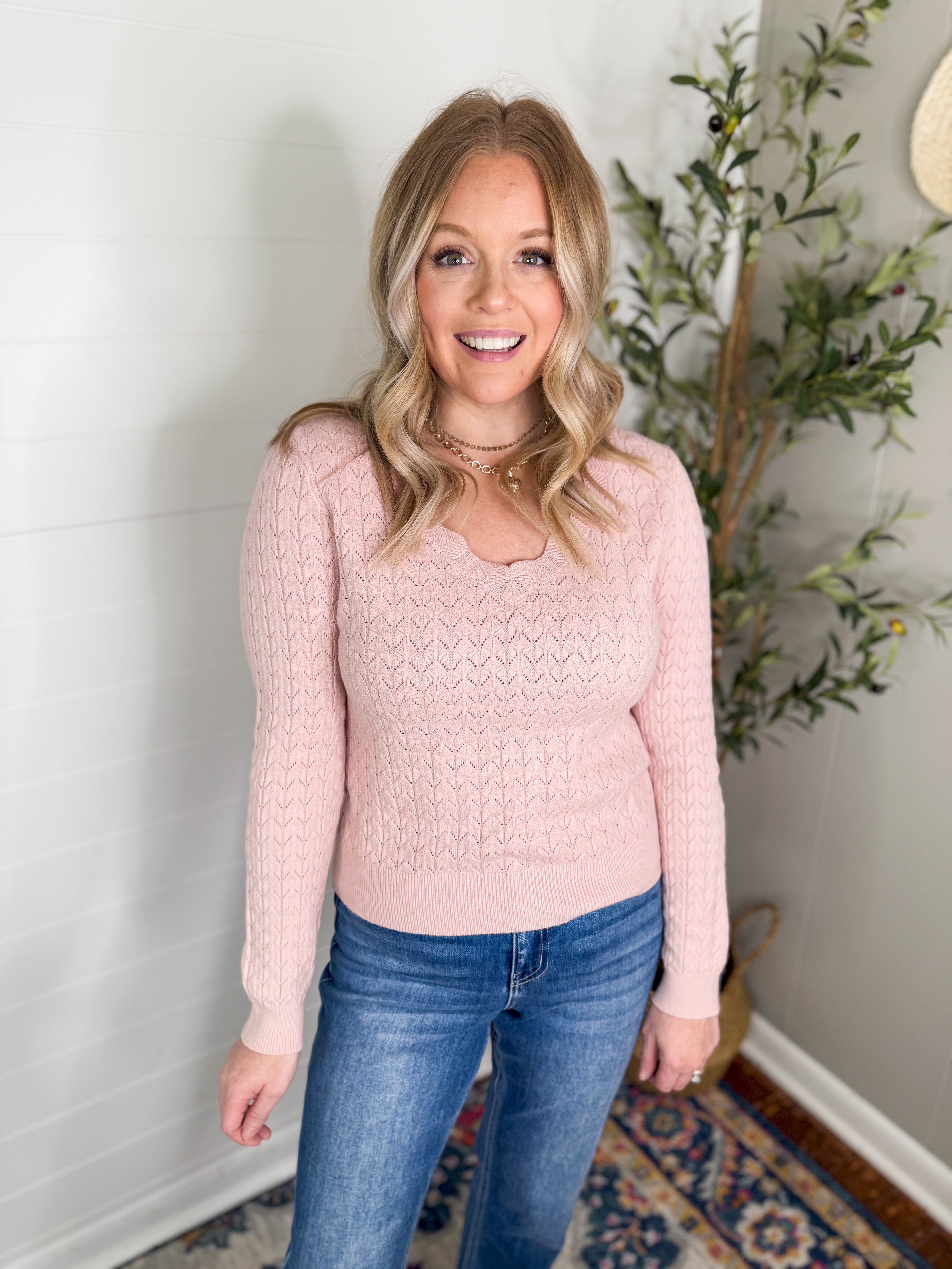 Blushing Belle Scallop V-Neck Sweater