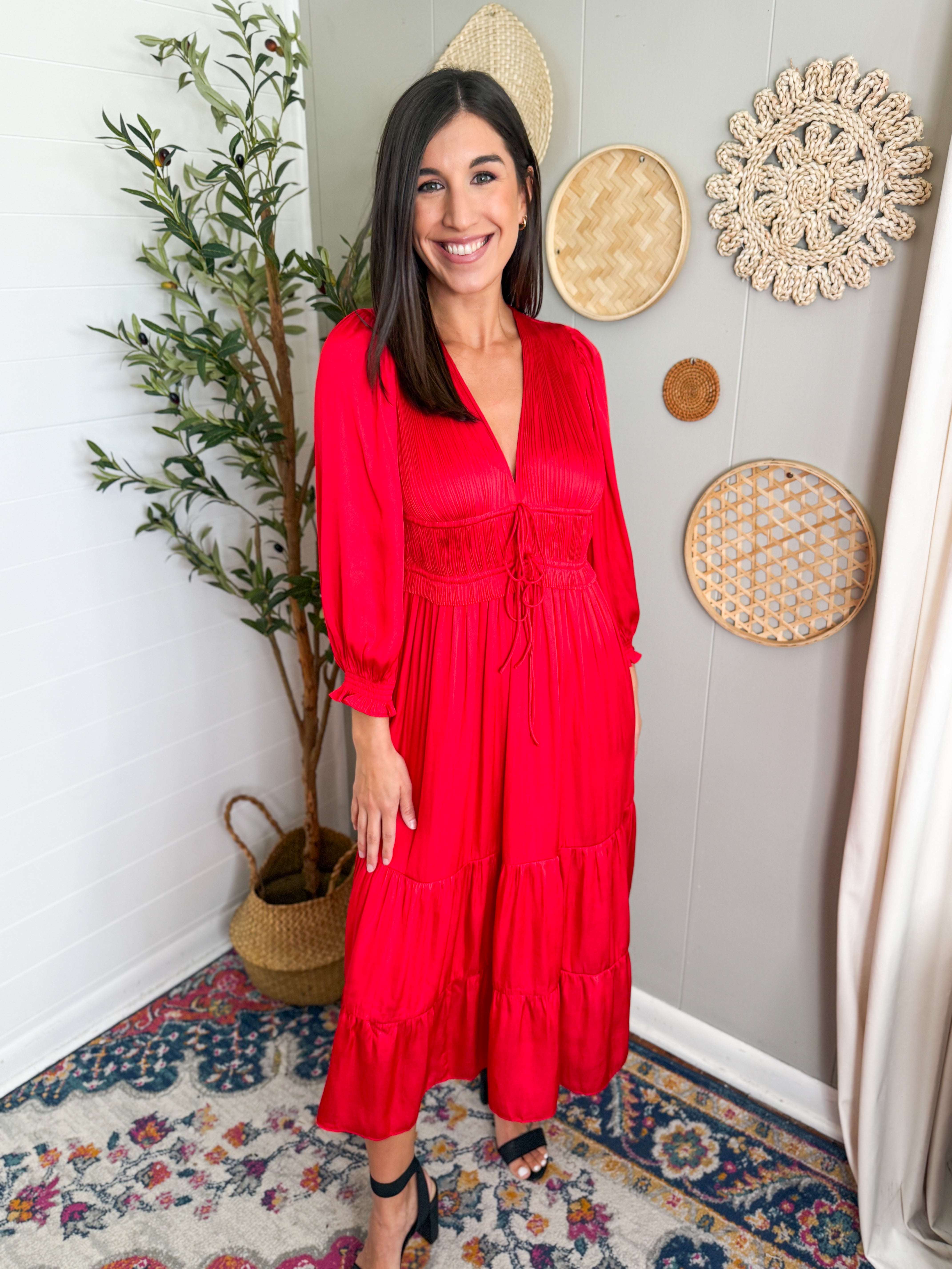 V-neck Pleated Tiered Midi Dress