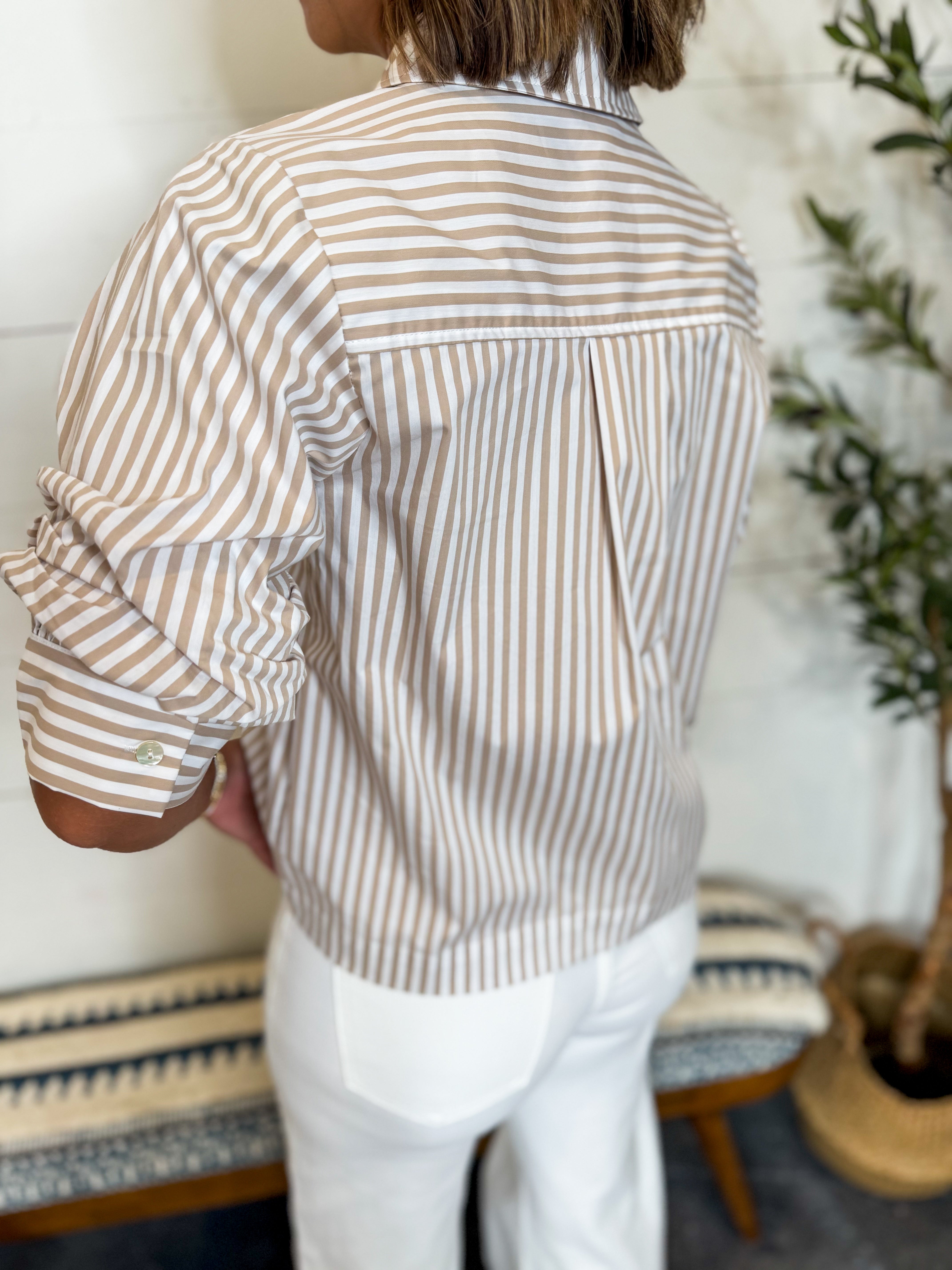 Khaki Ruched Sleeve Striped Button Down Shirt