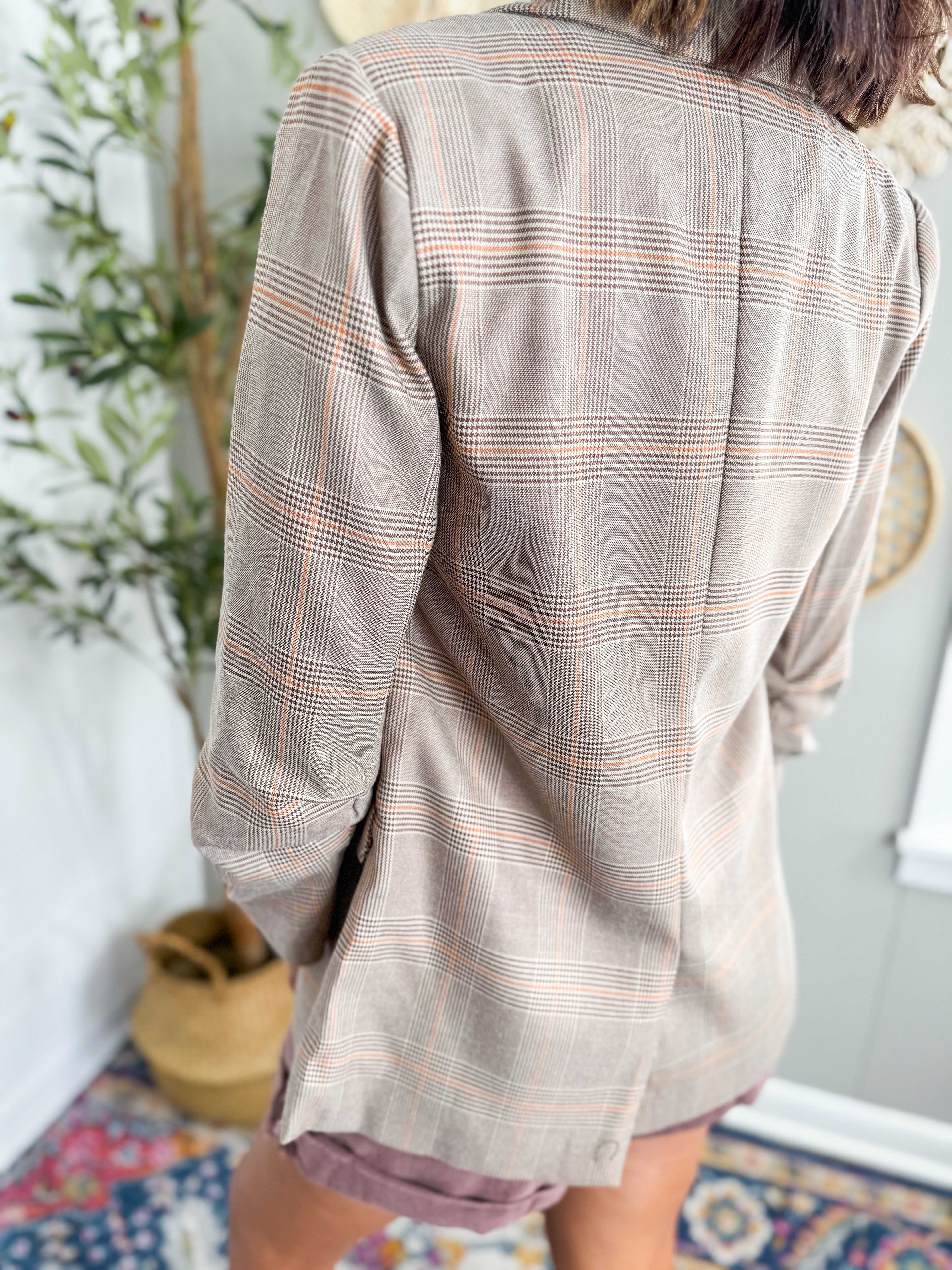 Brown Plaid Ruched Sleeve Blazer