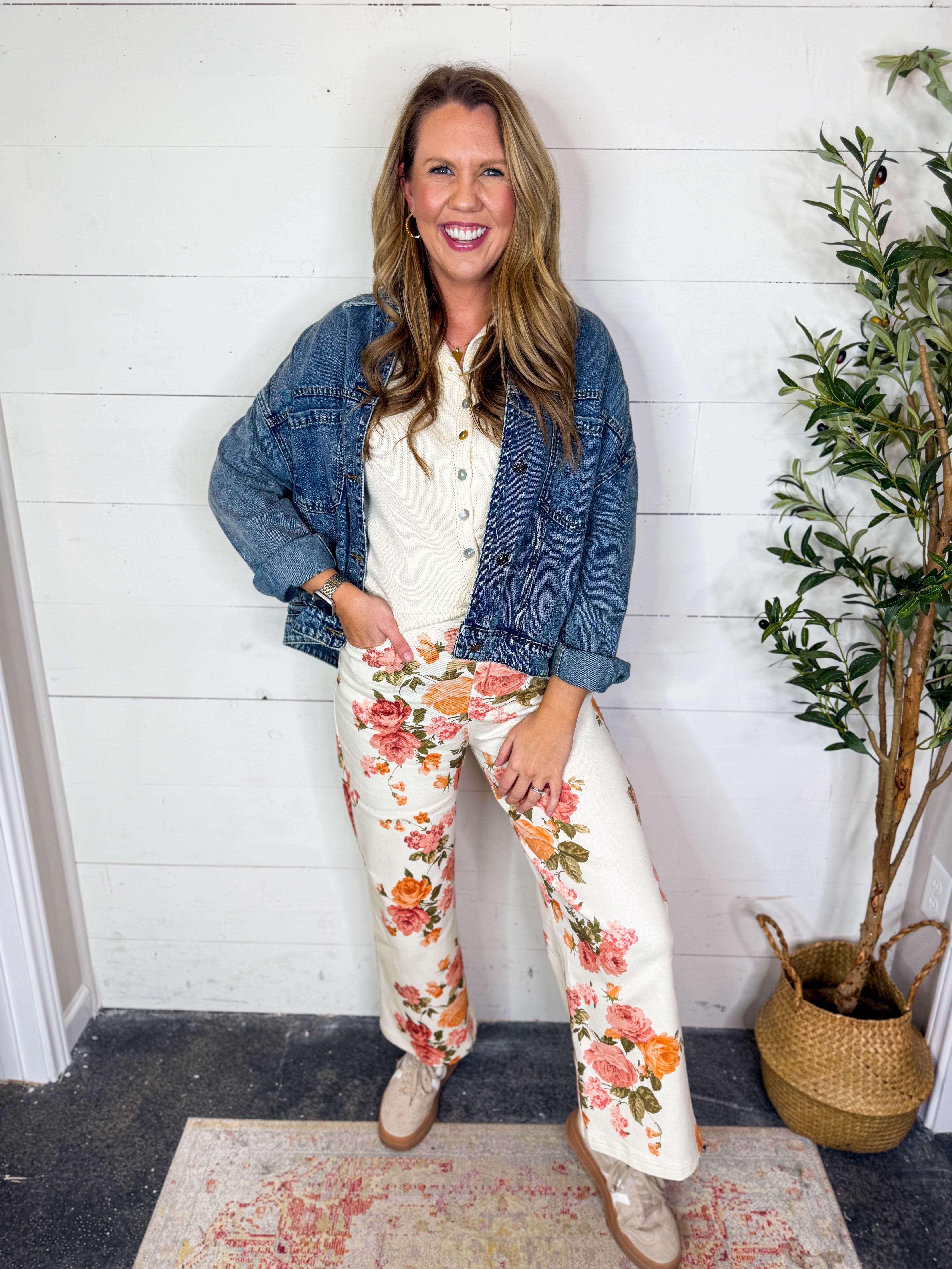 Ecru Floral Print Wide Leg Pants