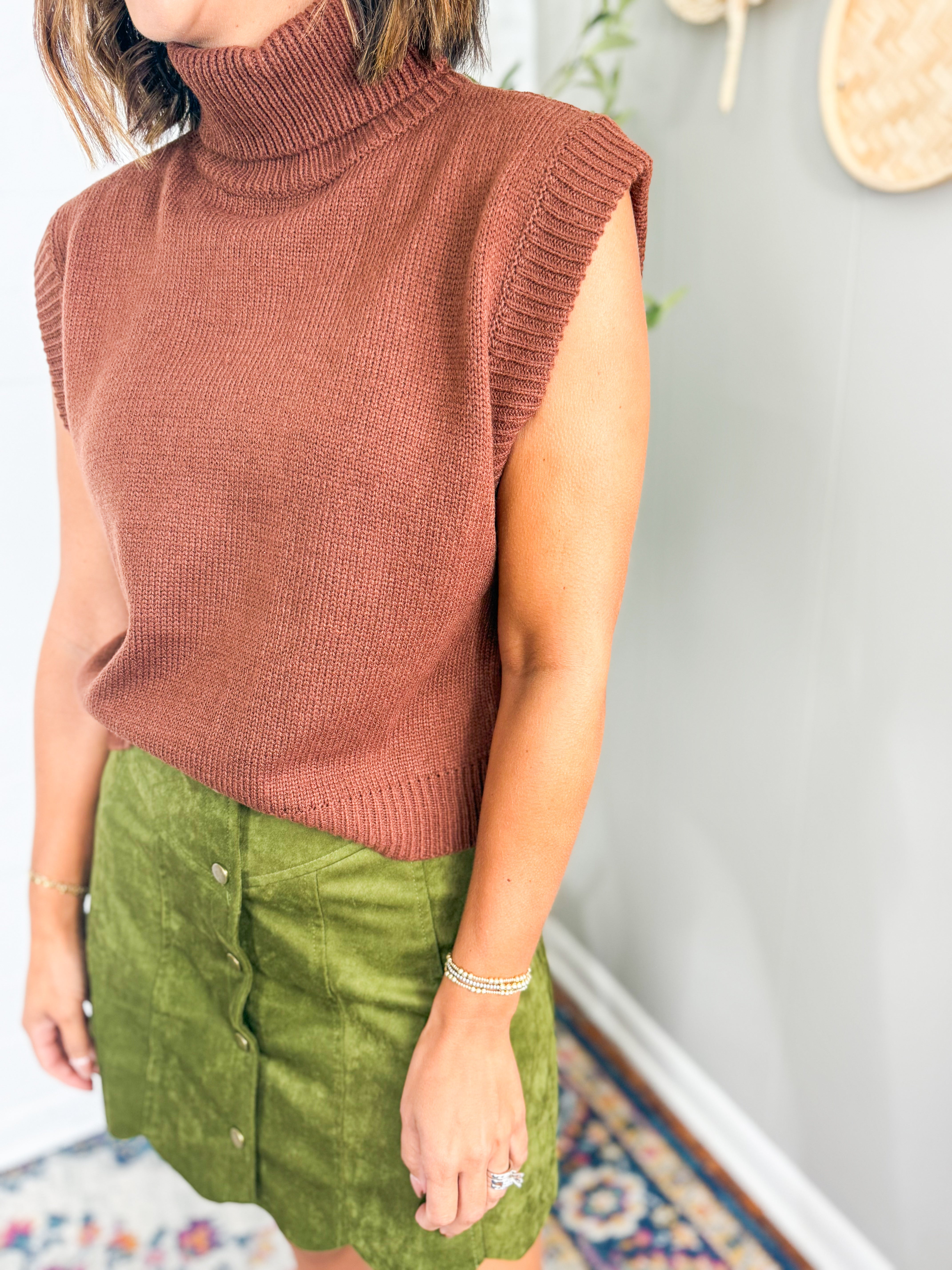 Camel Turtle Neck Cropped Sweater Vest