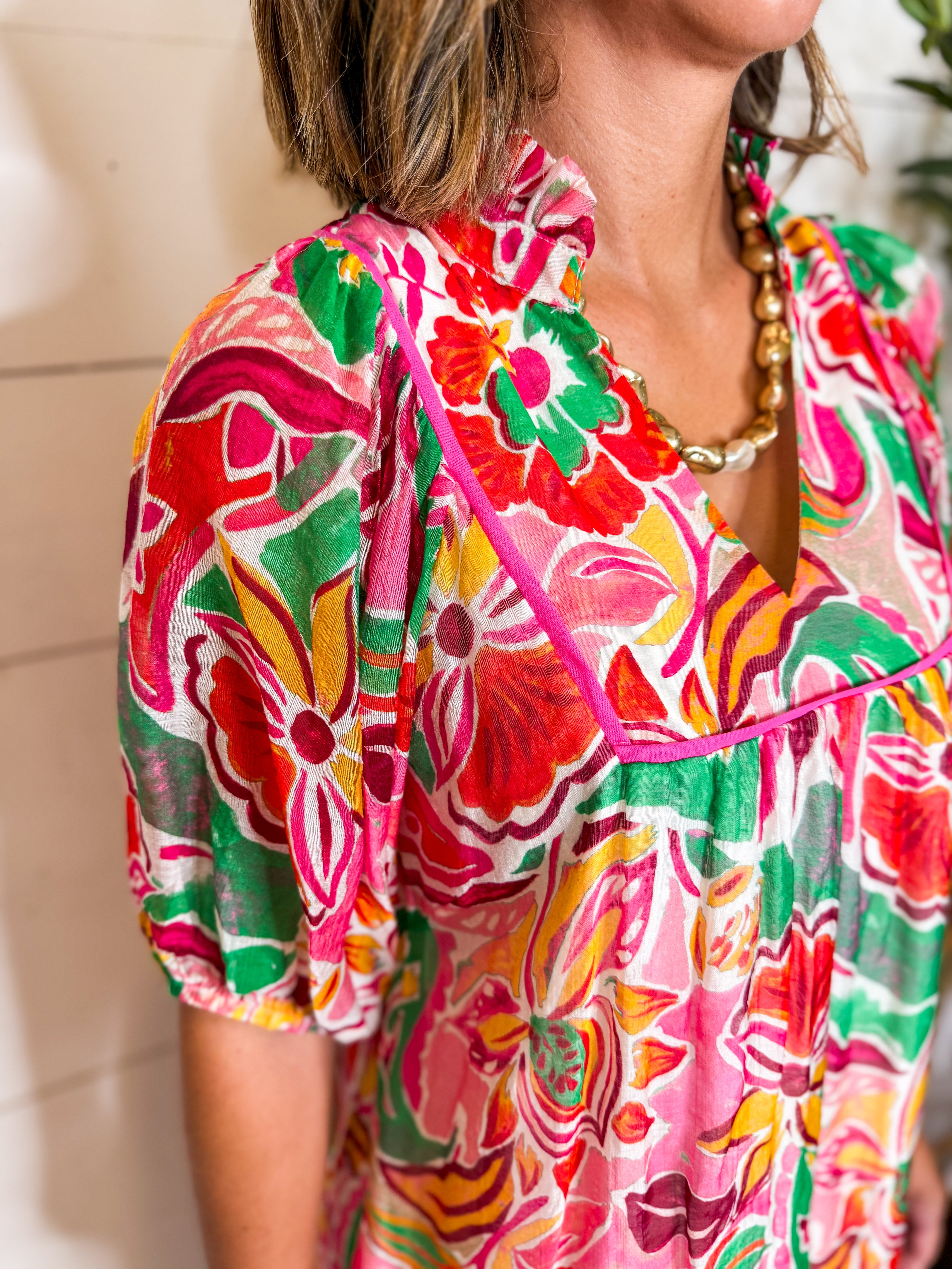 Abstract Print V-Neck Mini Babydoll Dress