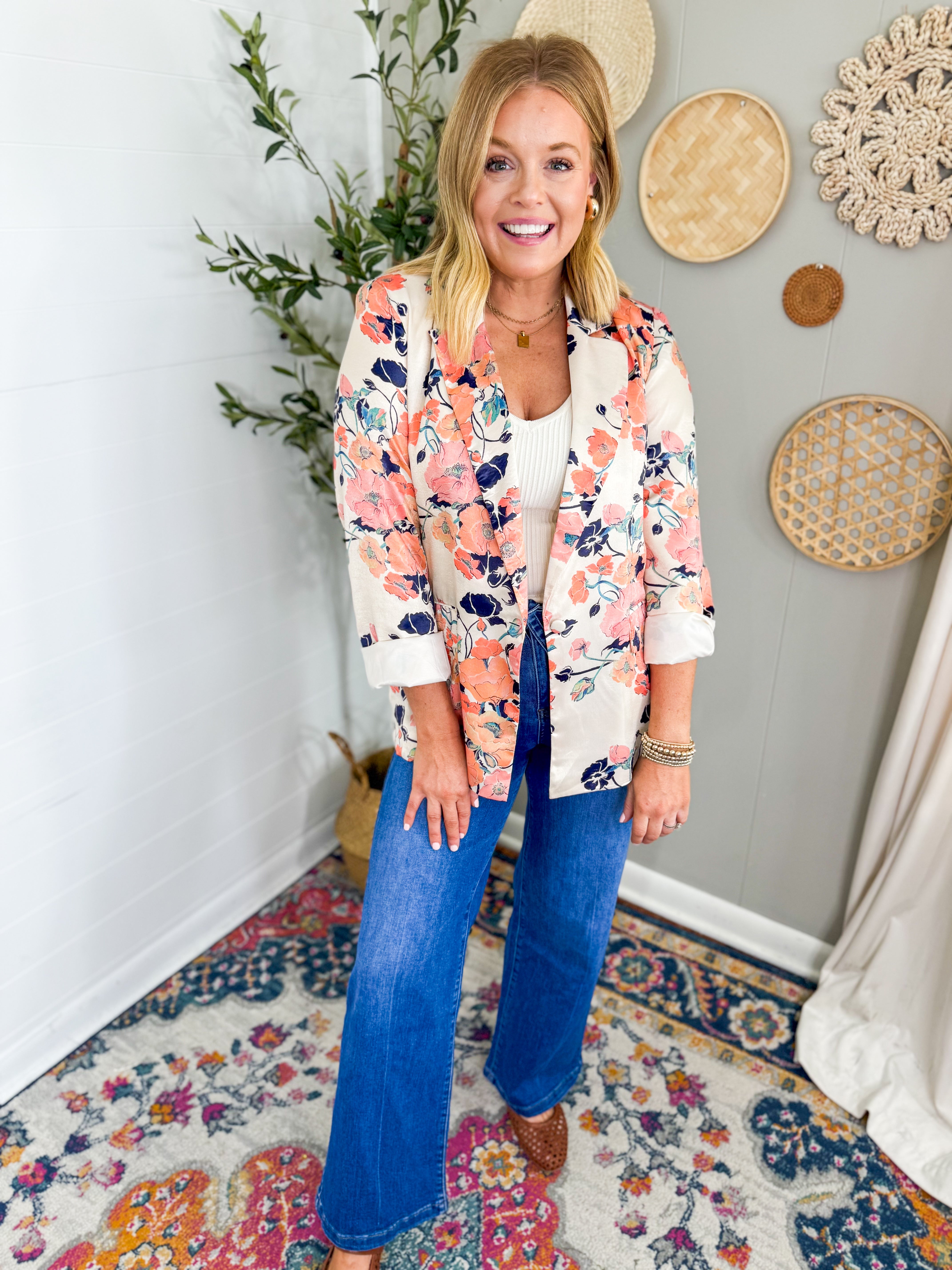 Bold Floral Print Satin Blazer