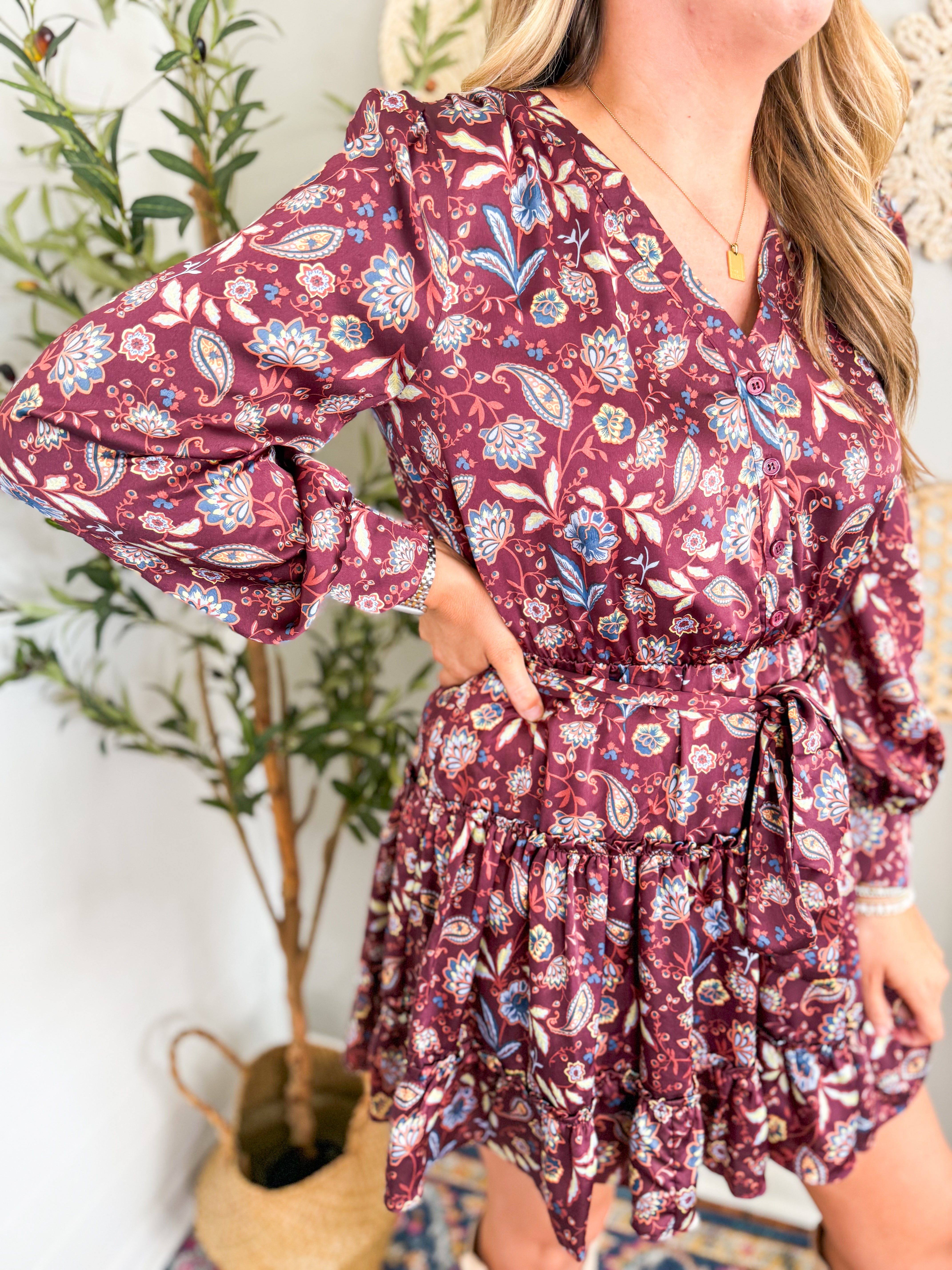 Burgundy Multi Floral Print Long Sleeve Mini Dress