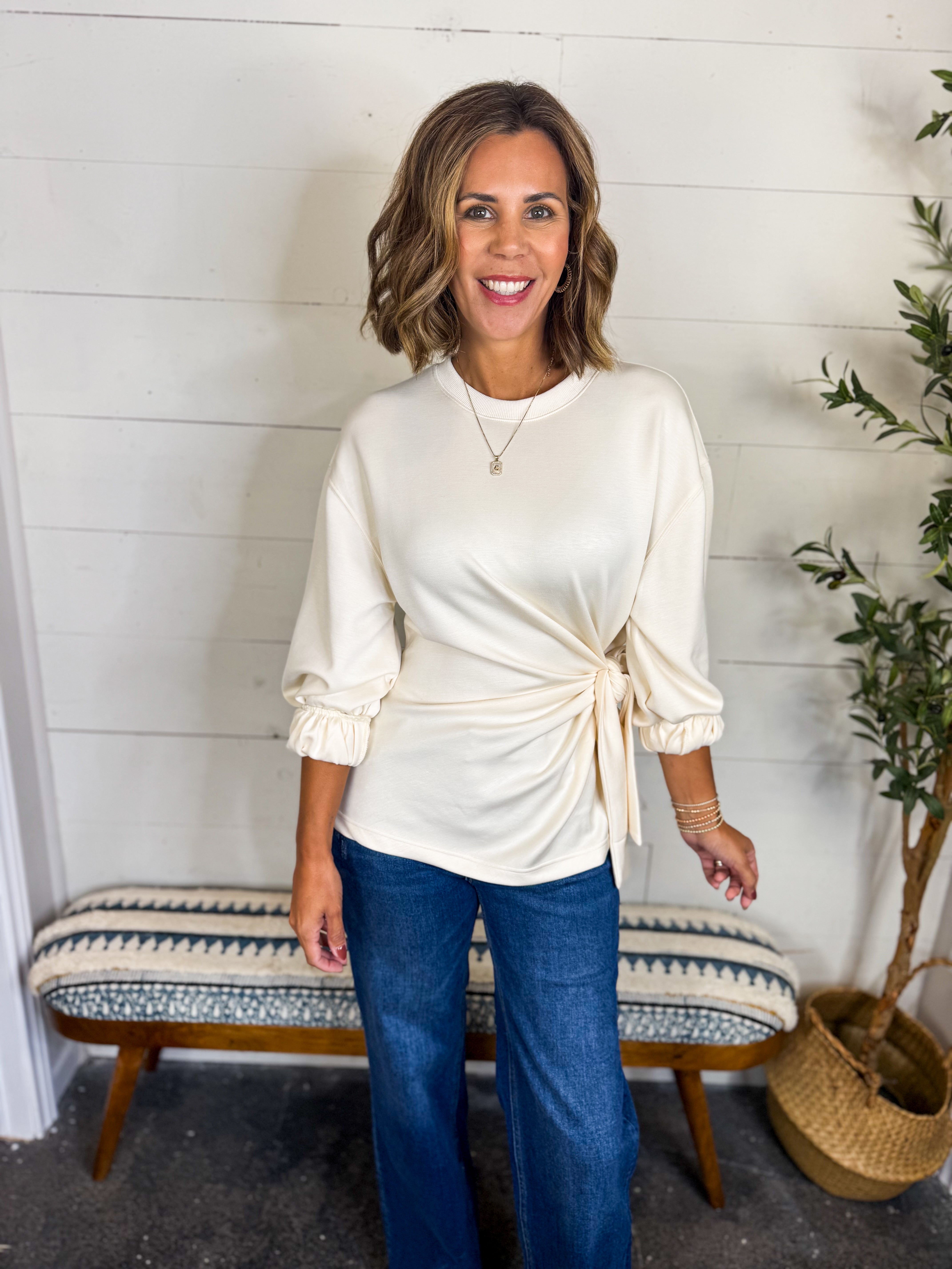 Ivory Long Sleeve Side Tie Blouse