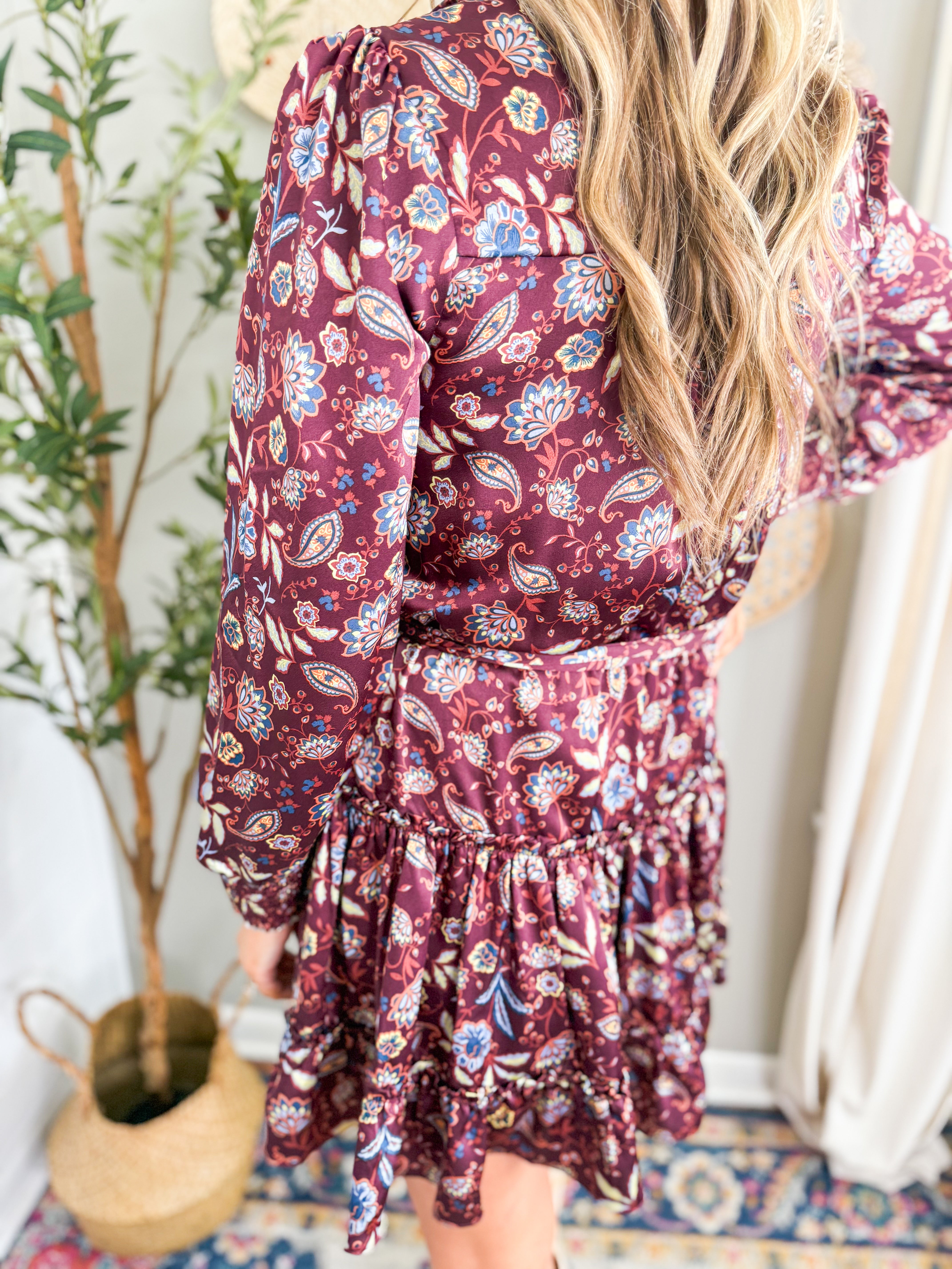 Burgundy Multi Floral Print Long Sleeve Mini Dress