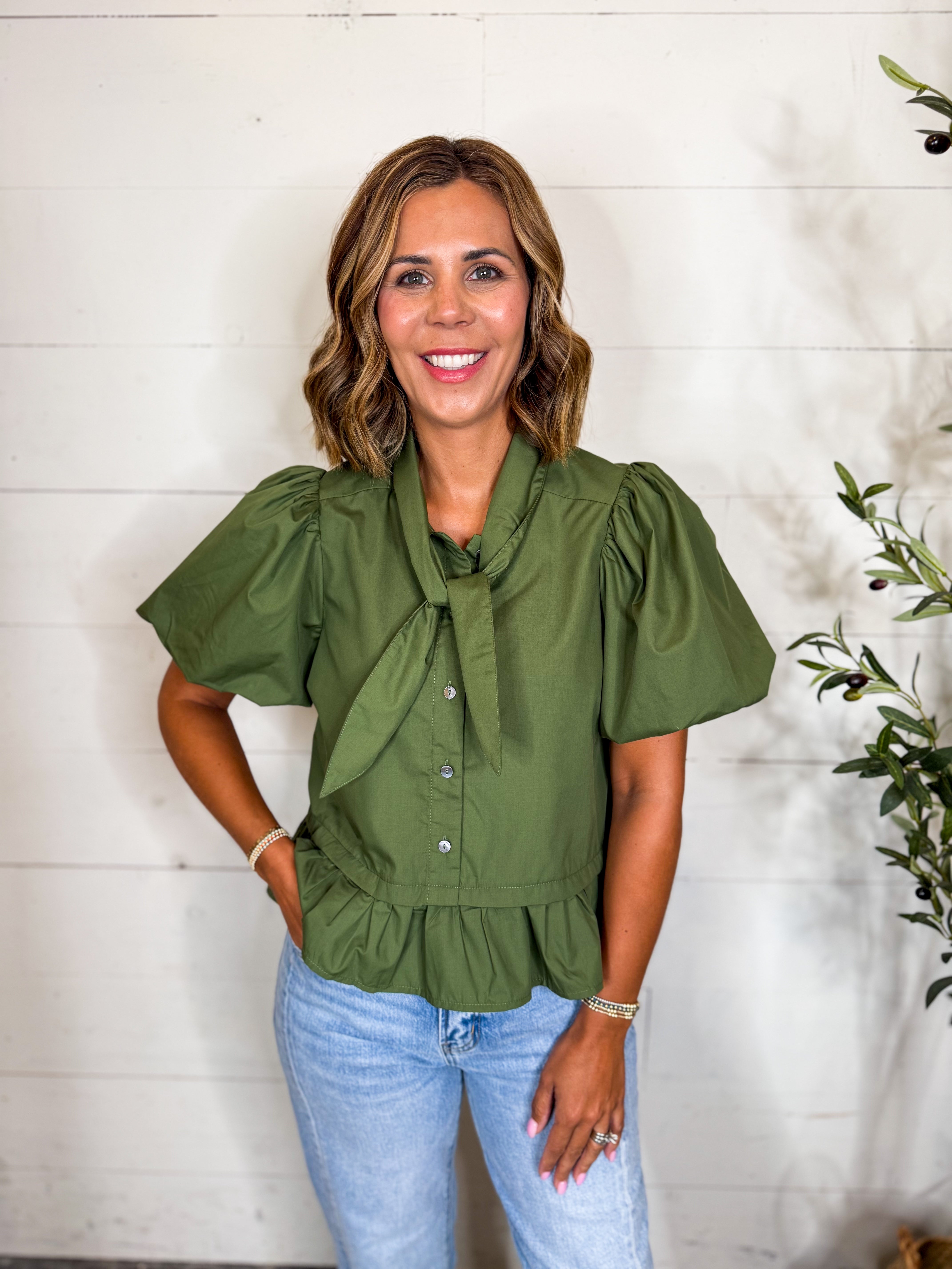 Puff Sleeve Top With Tie Collar & Ruffle Hem
