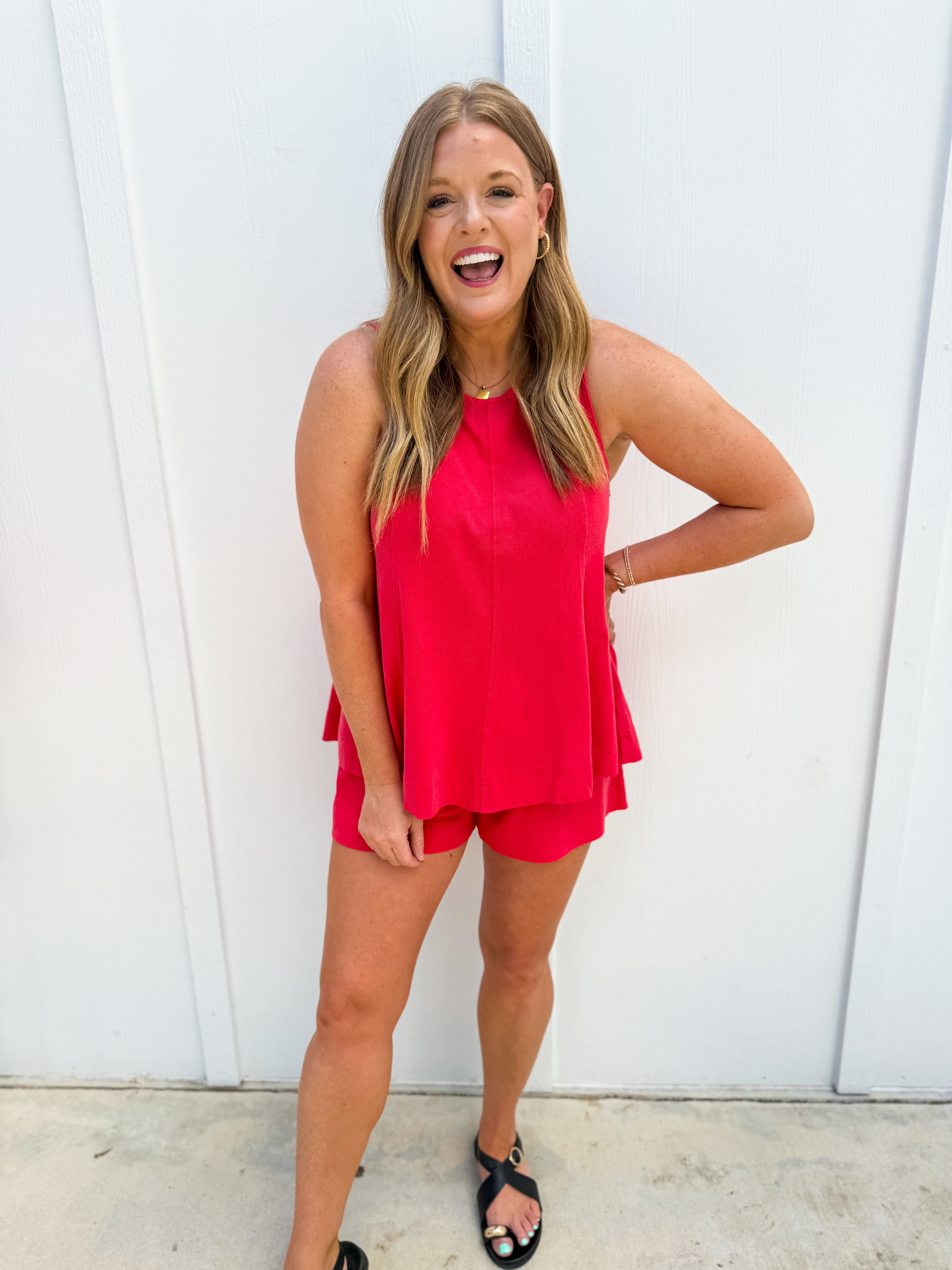 Sleeveless Round Neck Top And Shorts Set