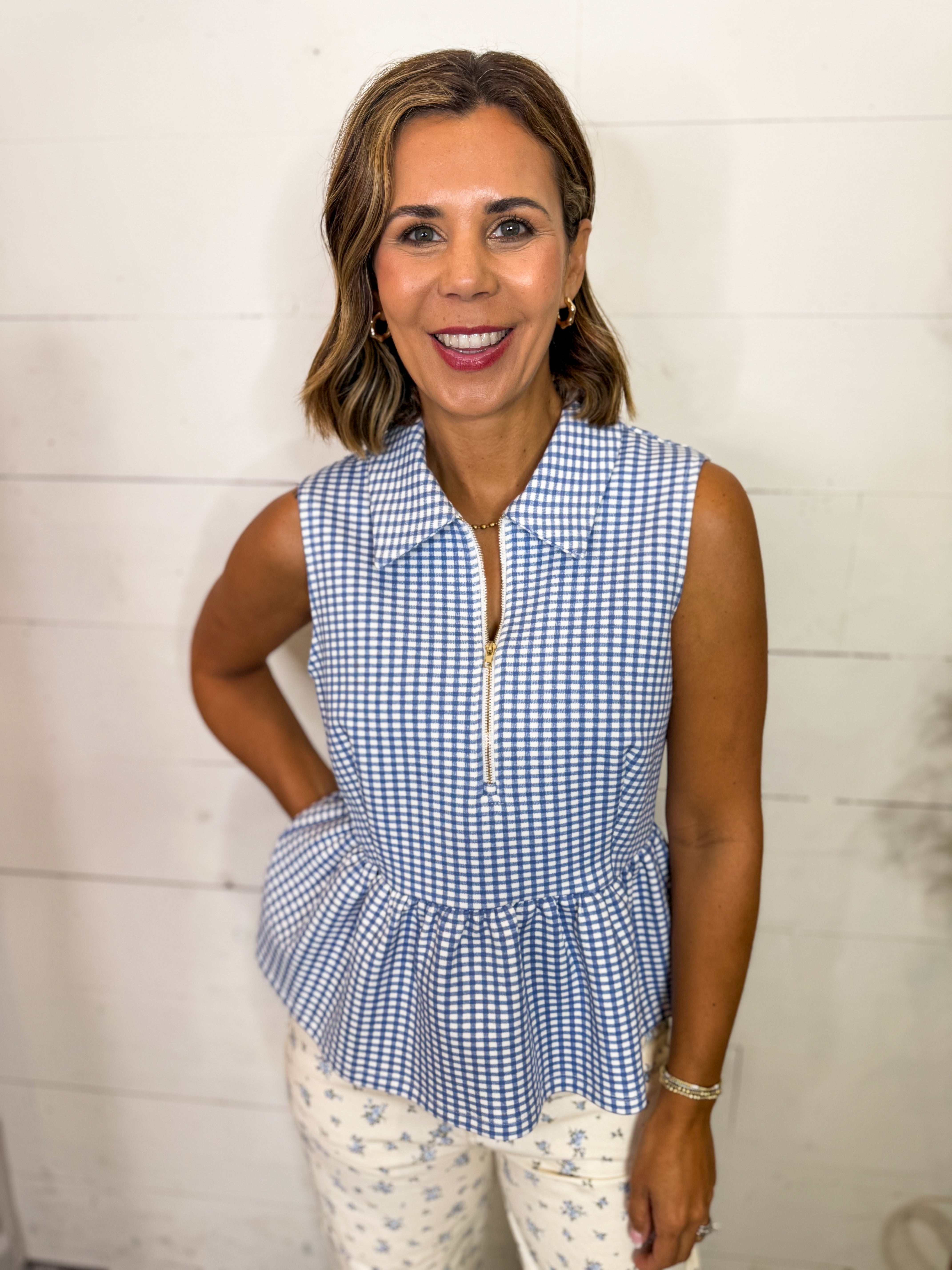 Gingham Sleeveless Peplum Top