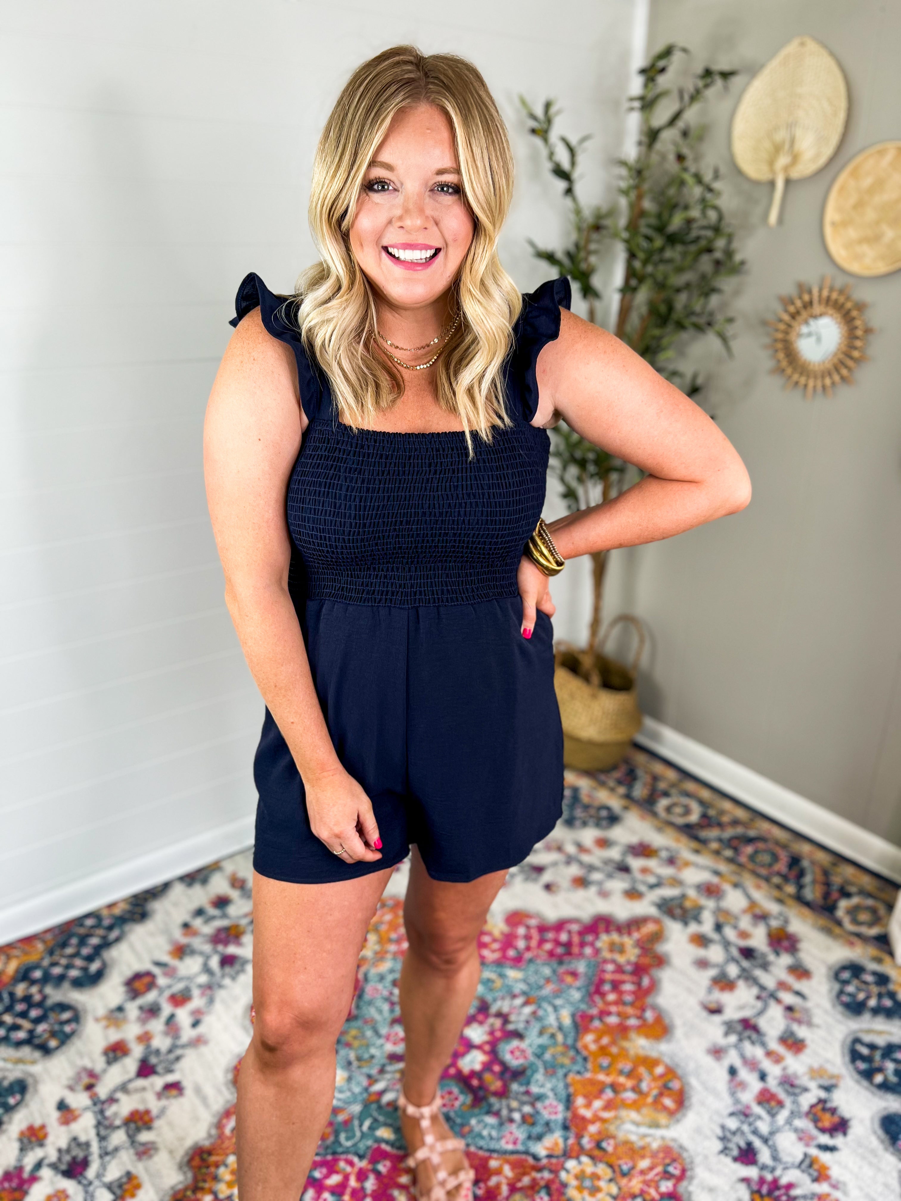 Navy Ruffle Strap Romper