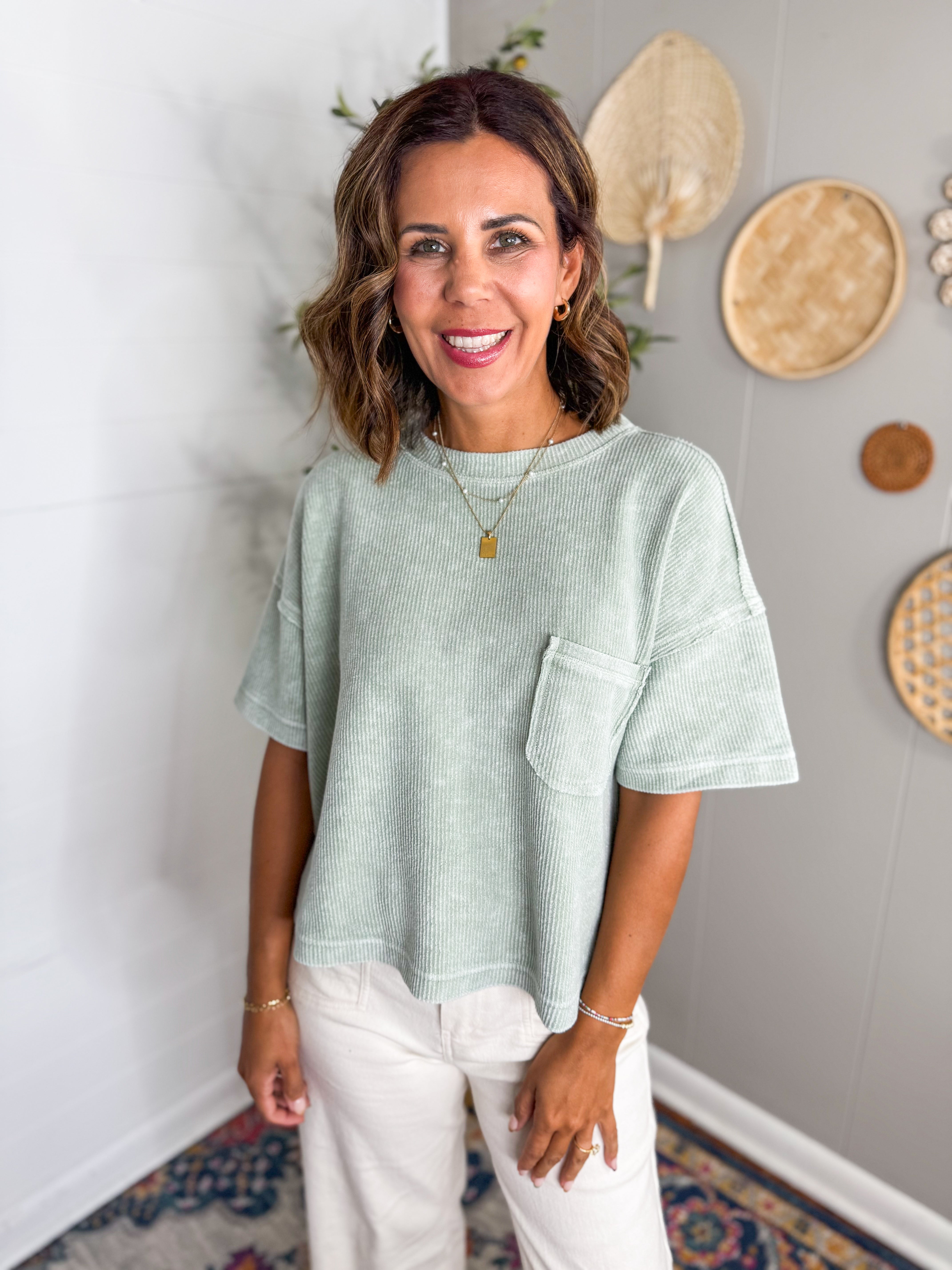 Sage Ribbed Short Sleeve Tee With Pocket