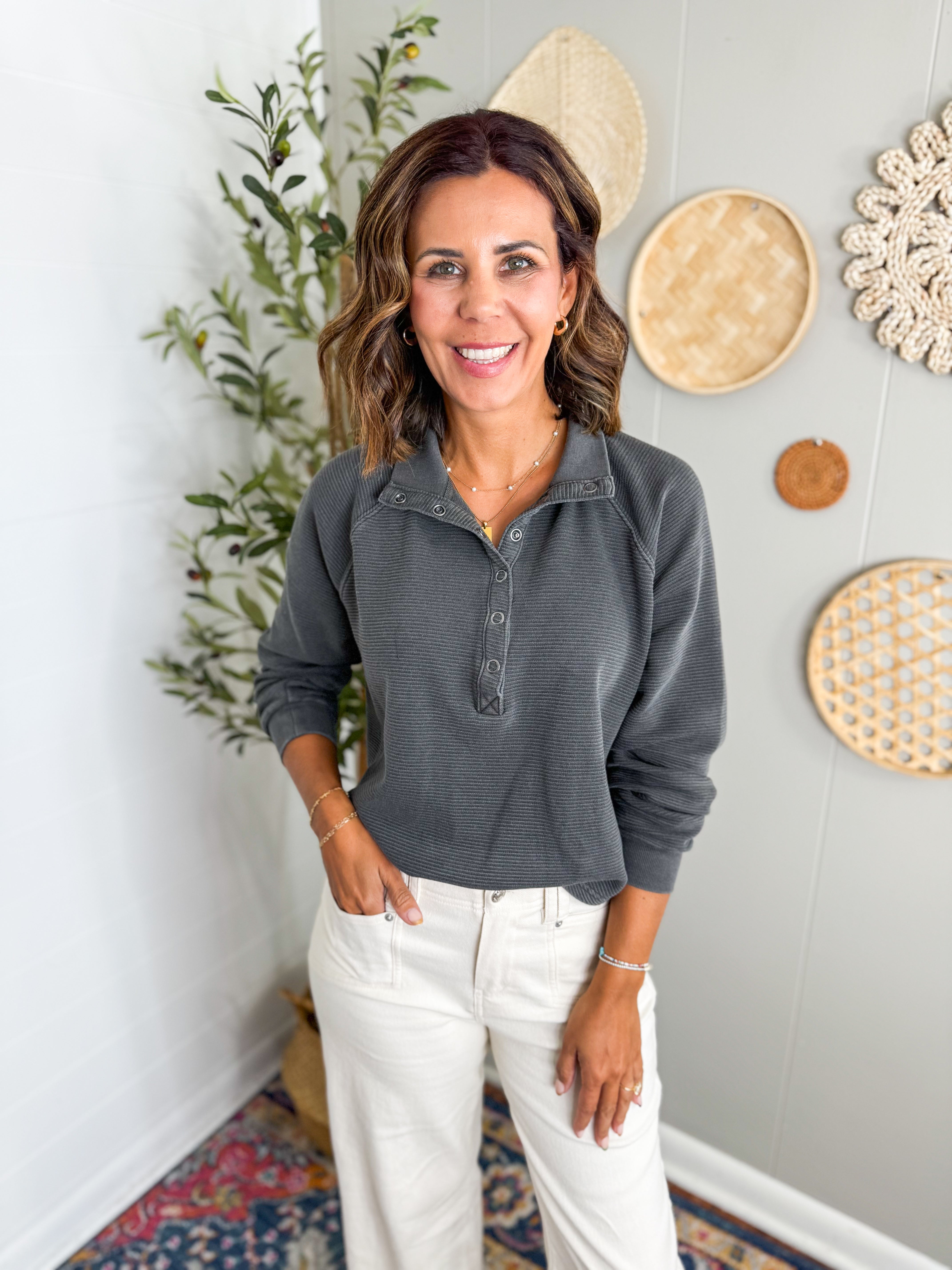 V-Neck Button Snap Long Sleeve Knit Top