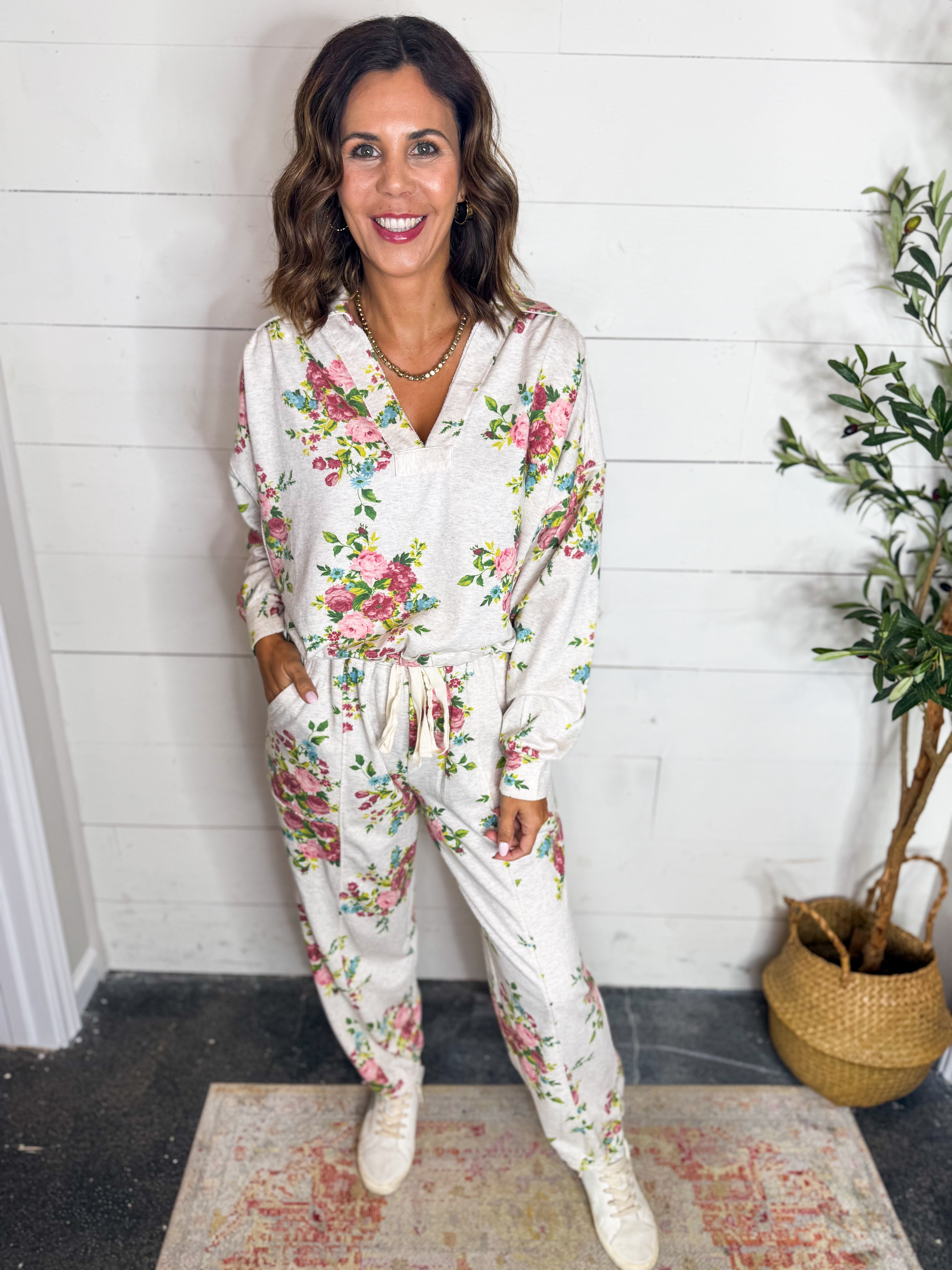 Floral Printed Cotton Terry Joggers