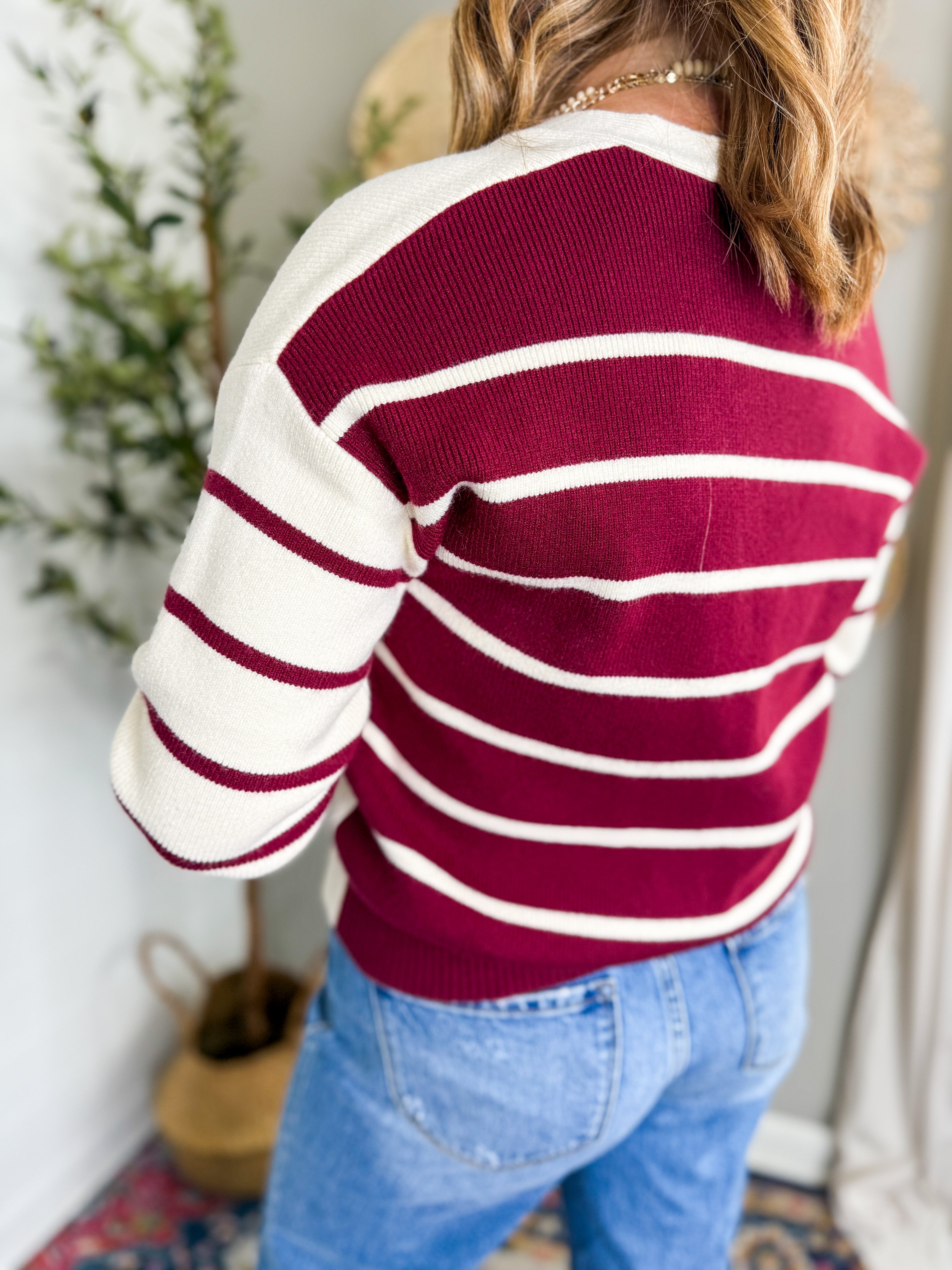 Burgundy-Ivory Striped Cardigan