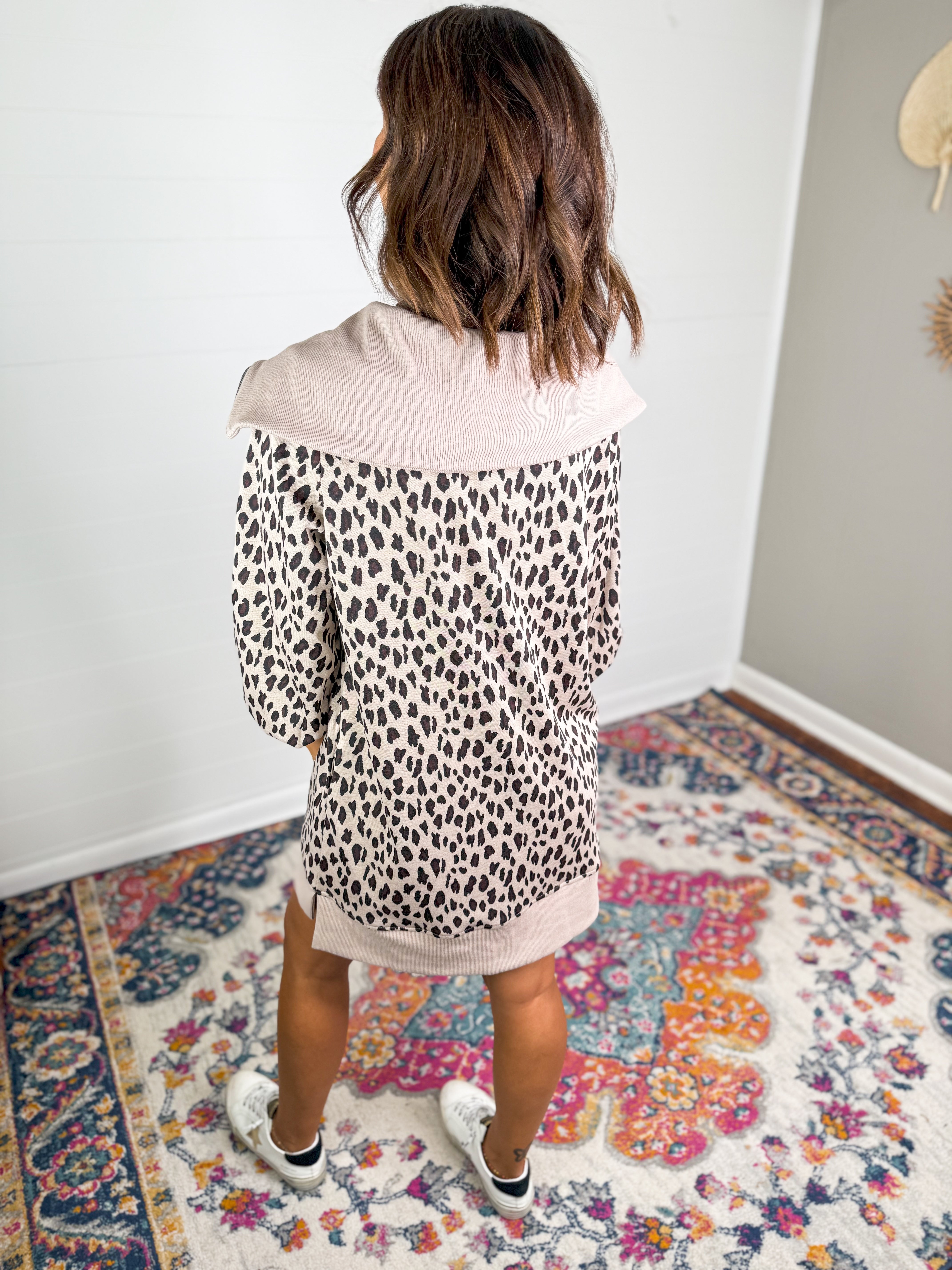 Leopard Print Zipper Front Long Sleeve Knit Dress