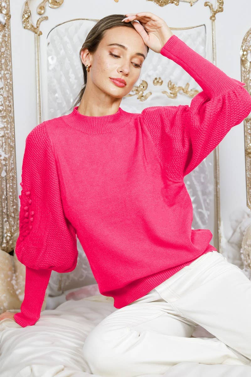 Round Neck Pom Pom Balloon Sleeve Sweater