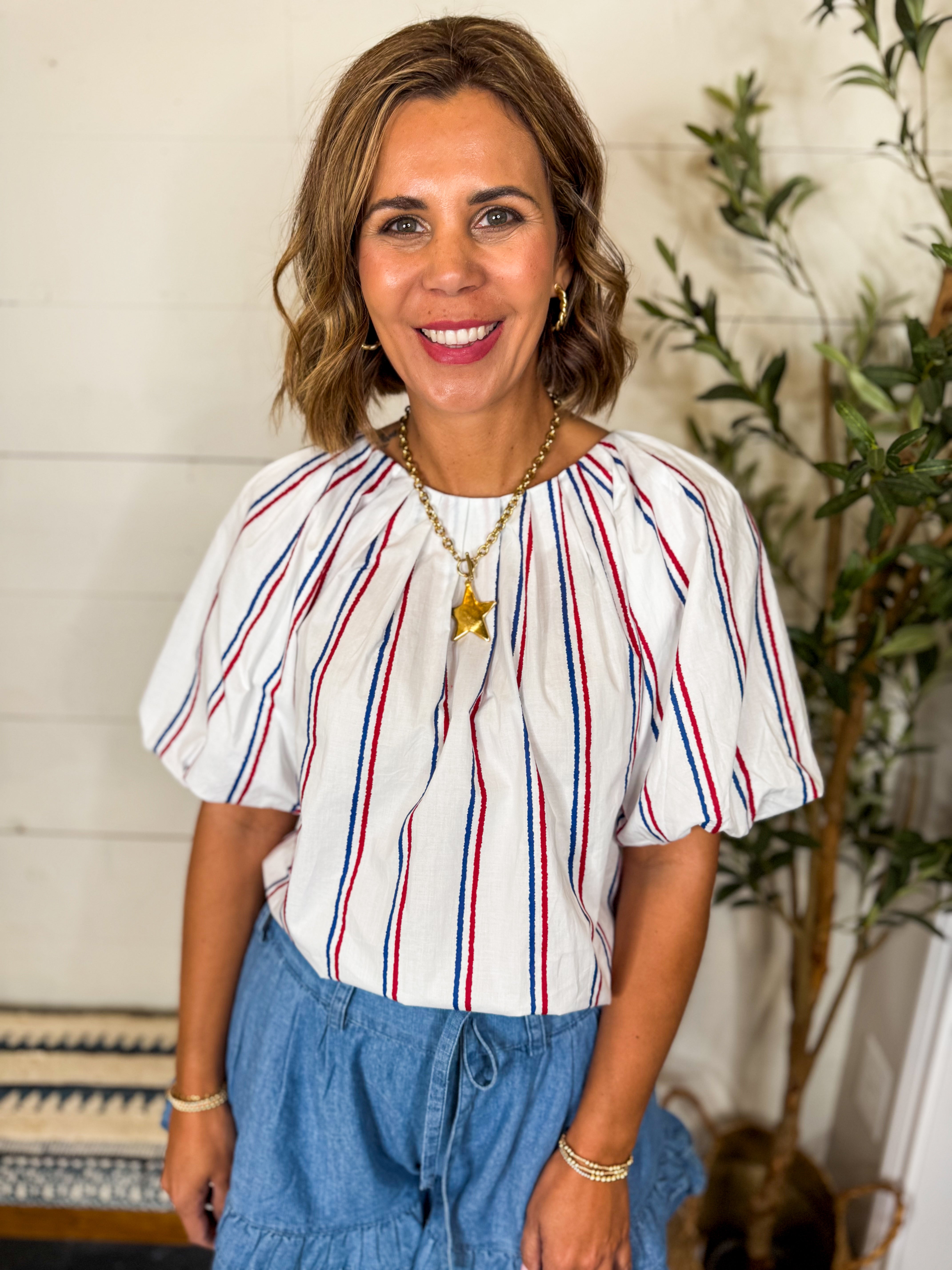 Red, White & Blue Stripe Short Sleeve Blouse