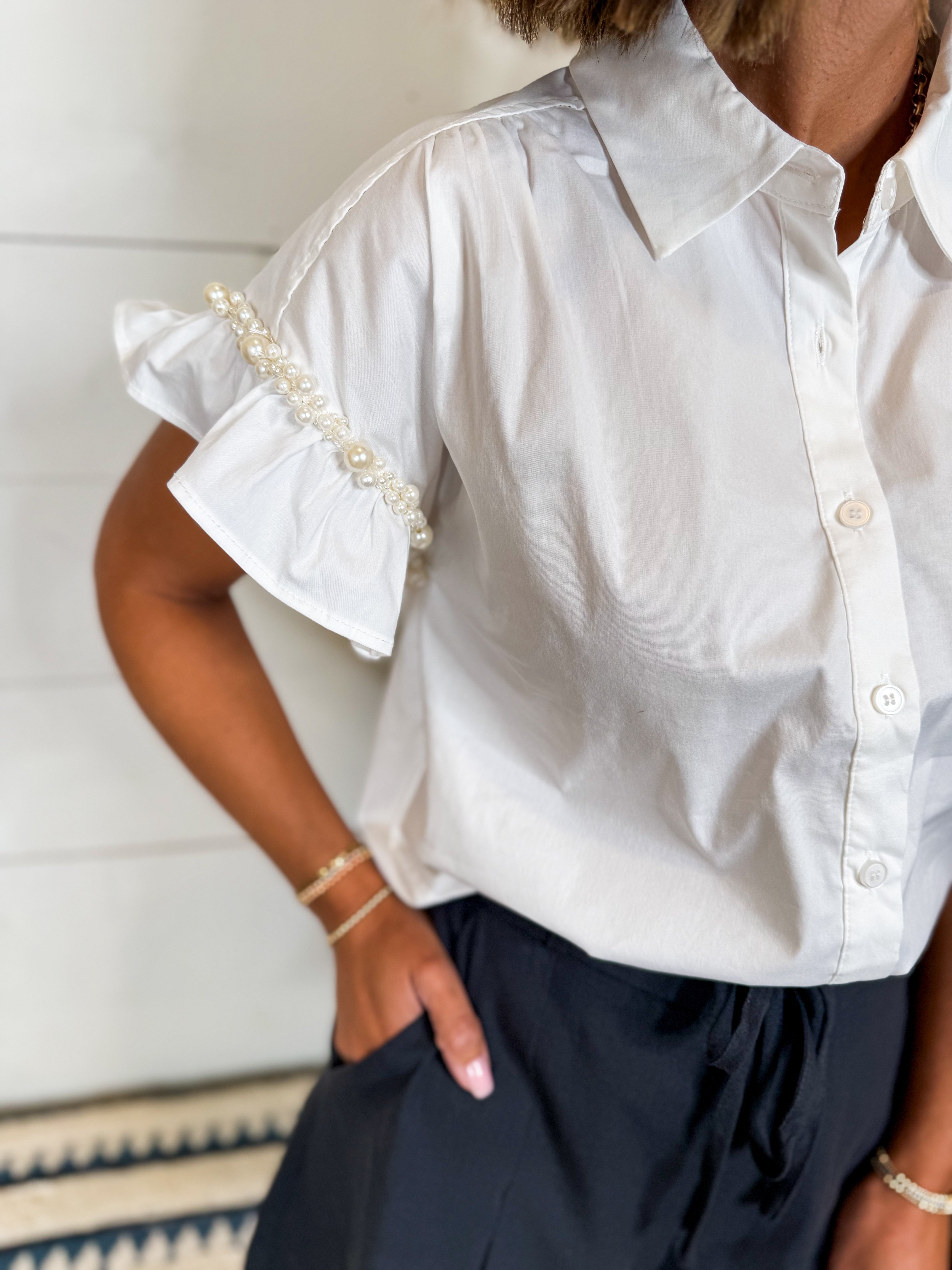 Ruffle Sleeve Top With Pearl Detail