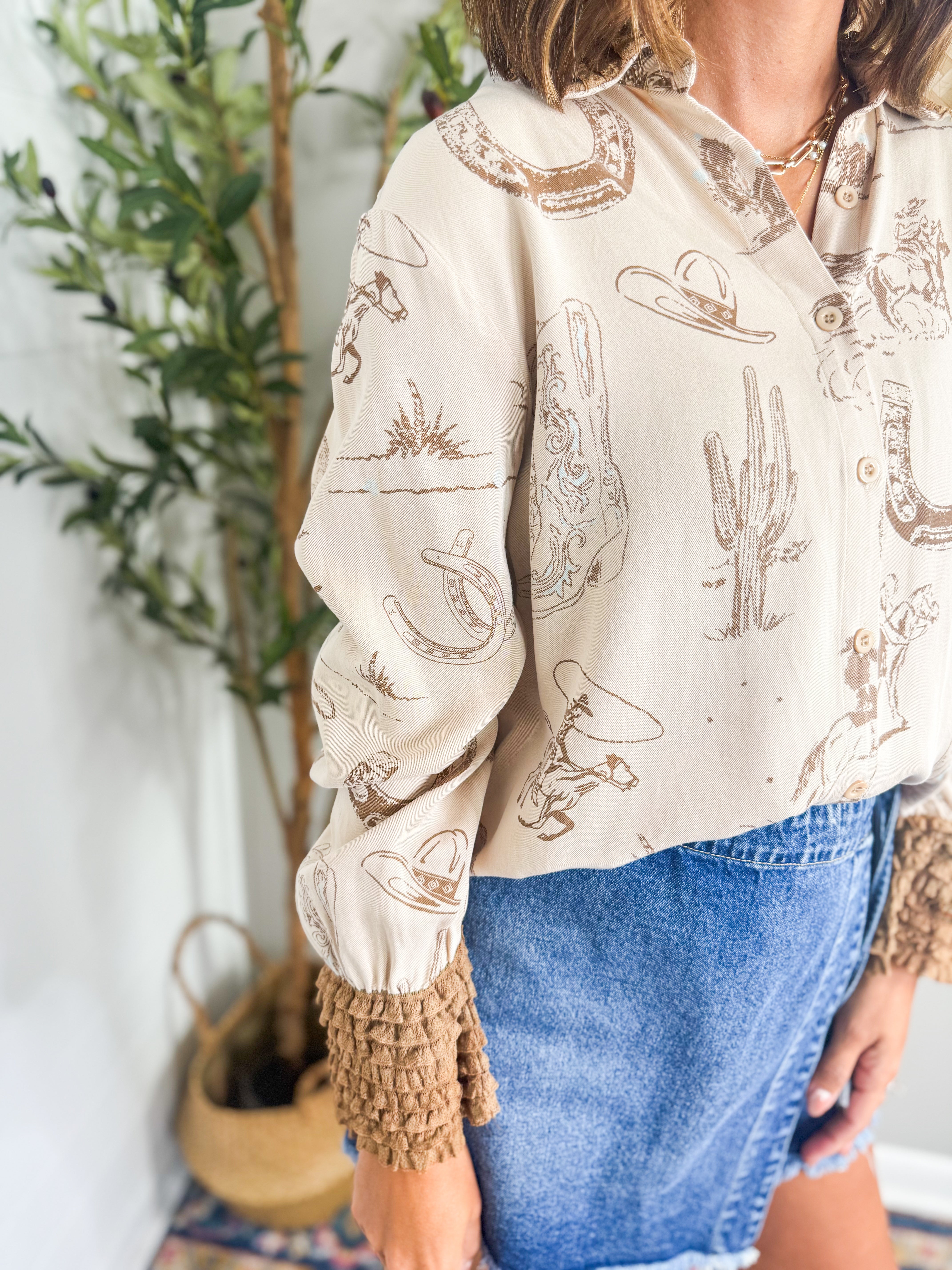 Western Printed Ruffle Cuff Shirt