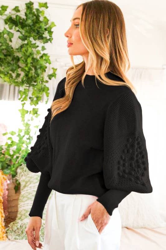 Round Neck Pom Pom Balloon Sleeve Sweater