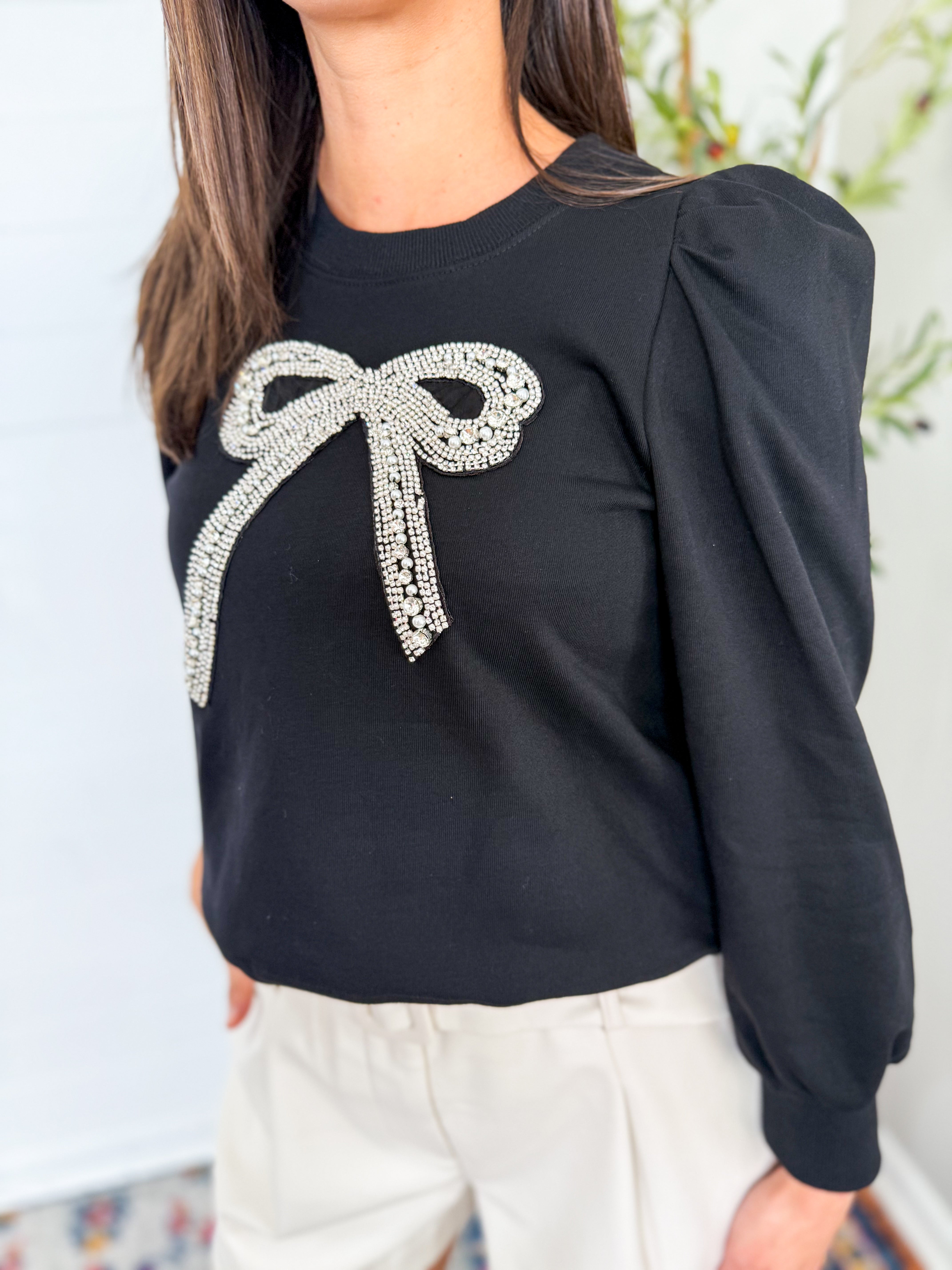 Front Crystal Embellished Bow Detail Sweatshirt