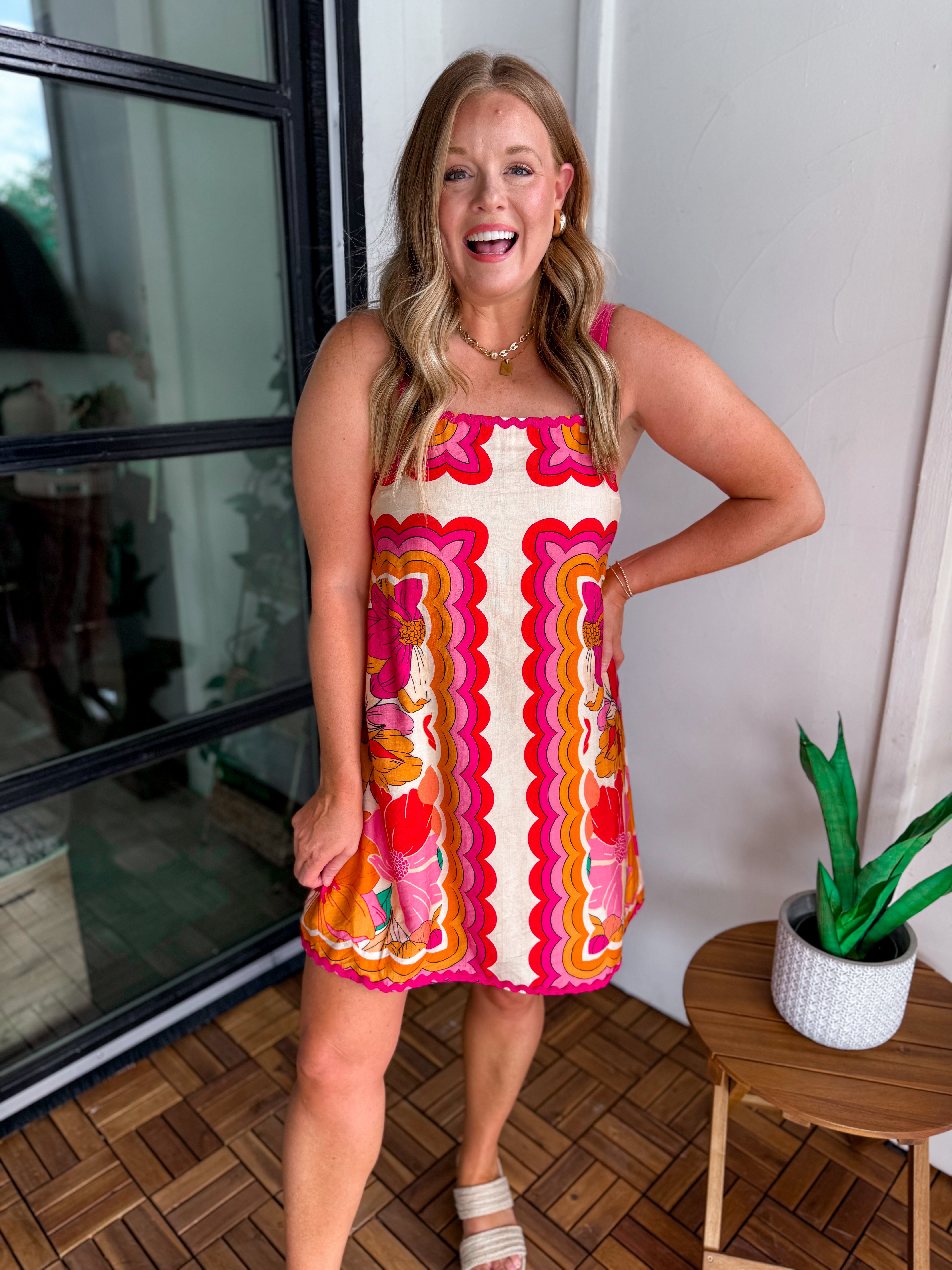 Ric-Rac Trimmed Wide Shoulder Strap Floral Dress