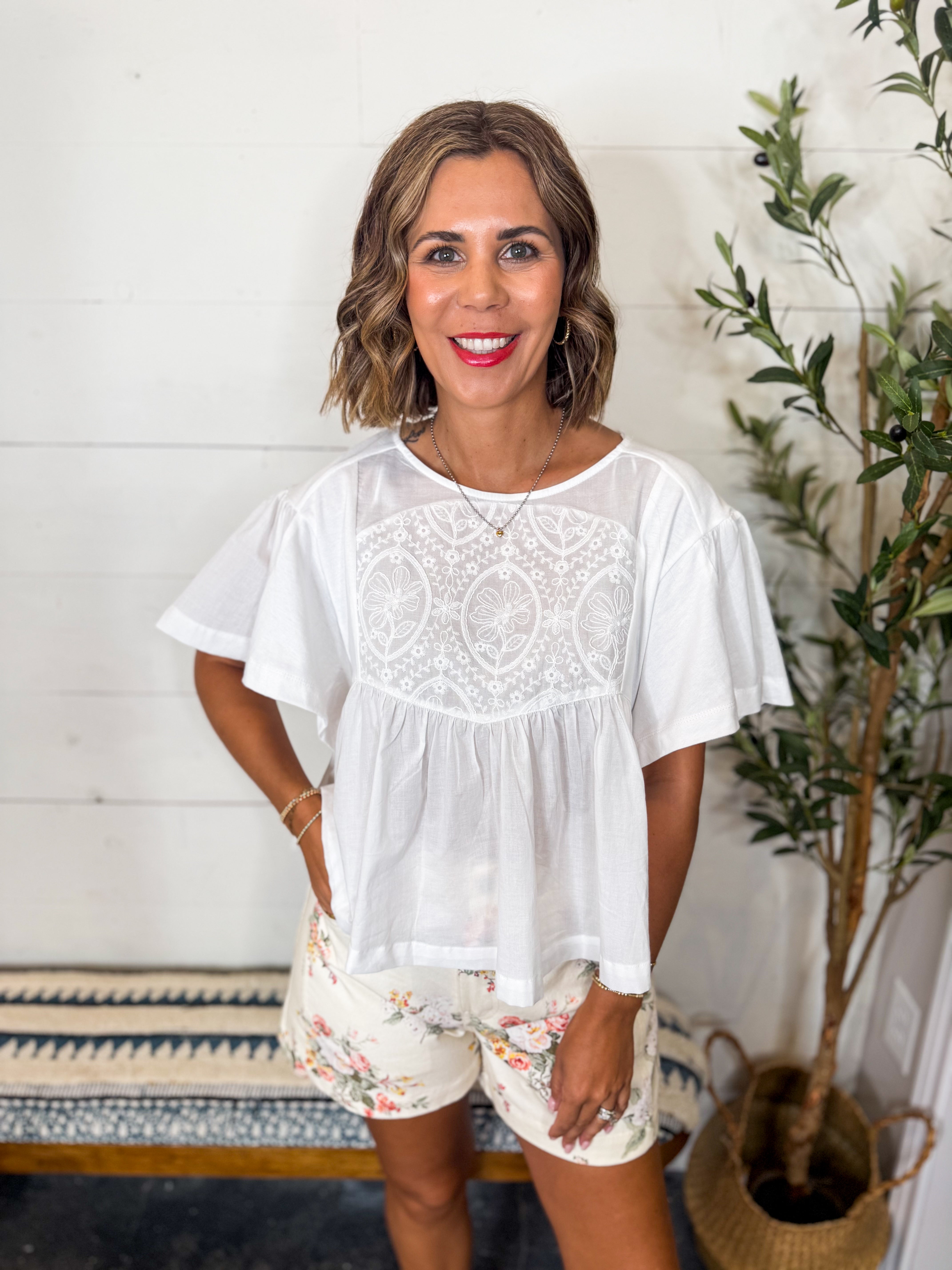 Floral Embroidered Yoke Baby Doll Top