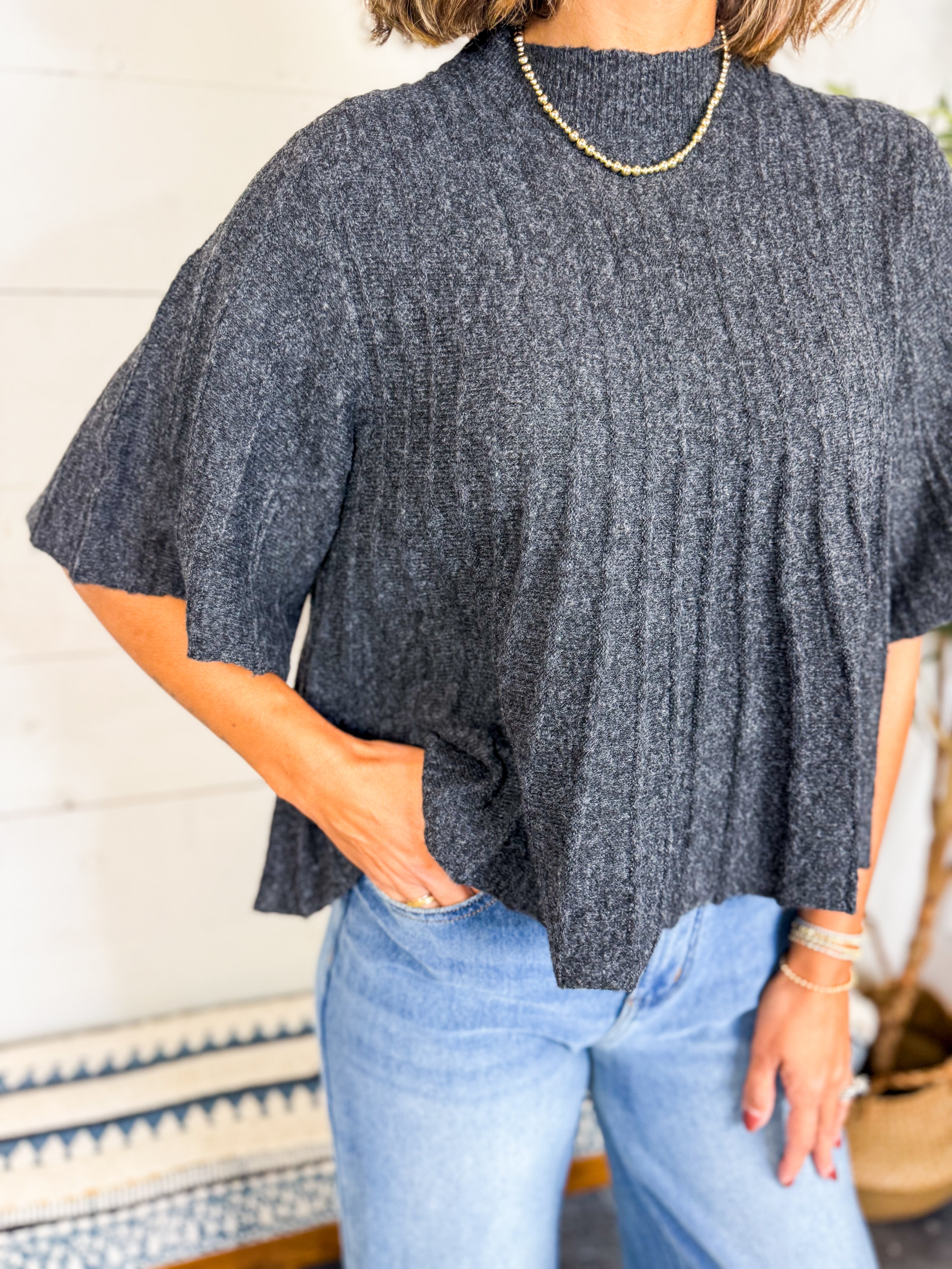 Mustard Seed Bell Sleeve Wide Rib Knit Sweater Top