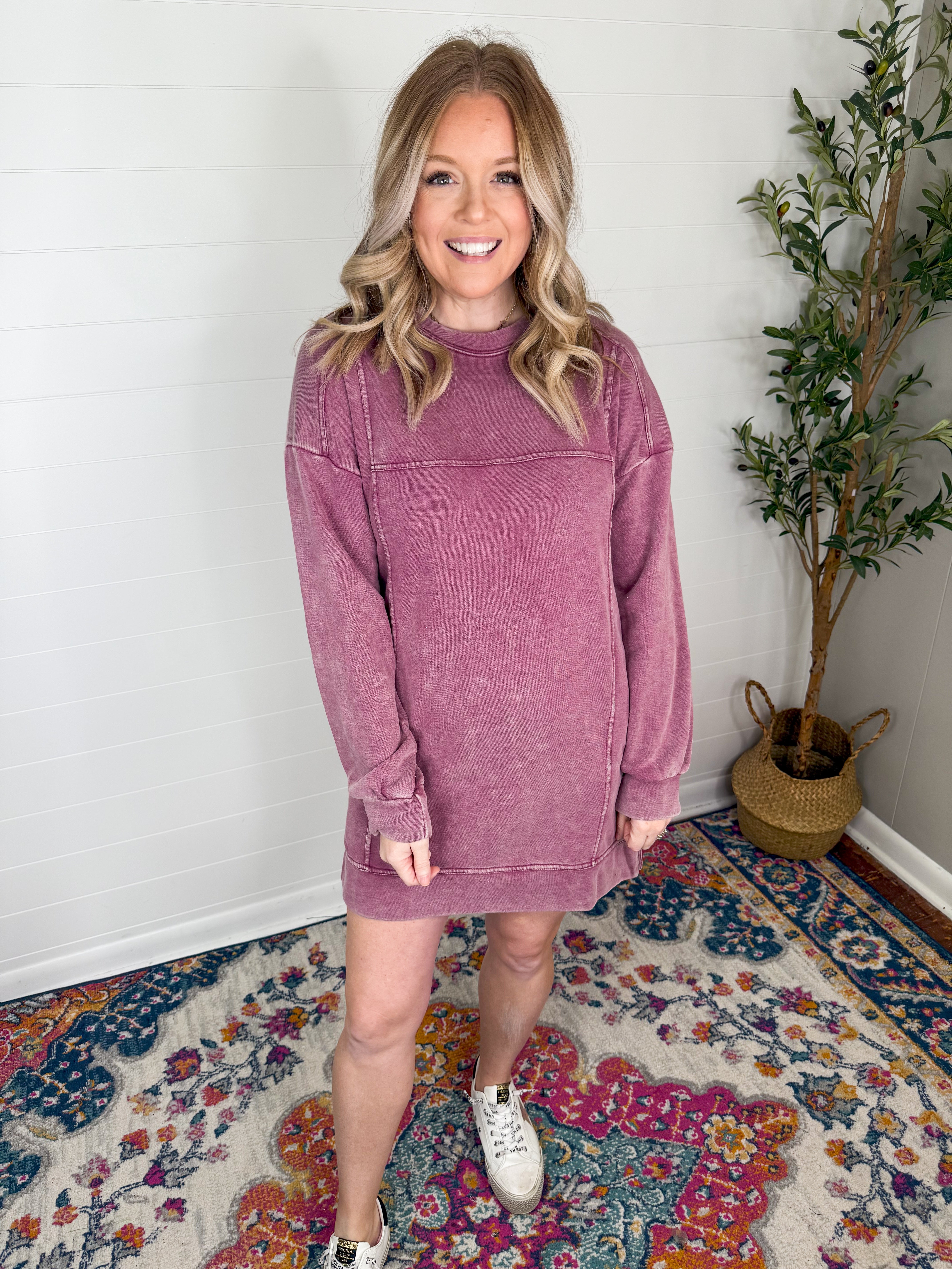 Mineral Washed Oversized Knit Sweatshirt Mini Dress