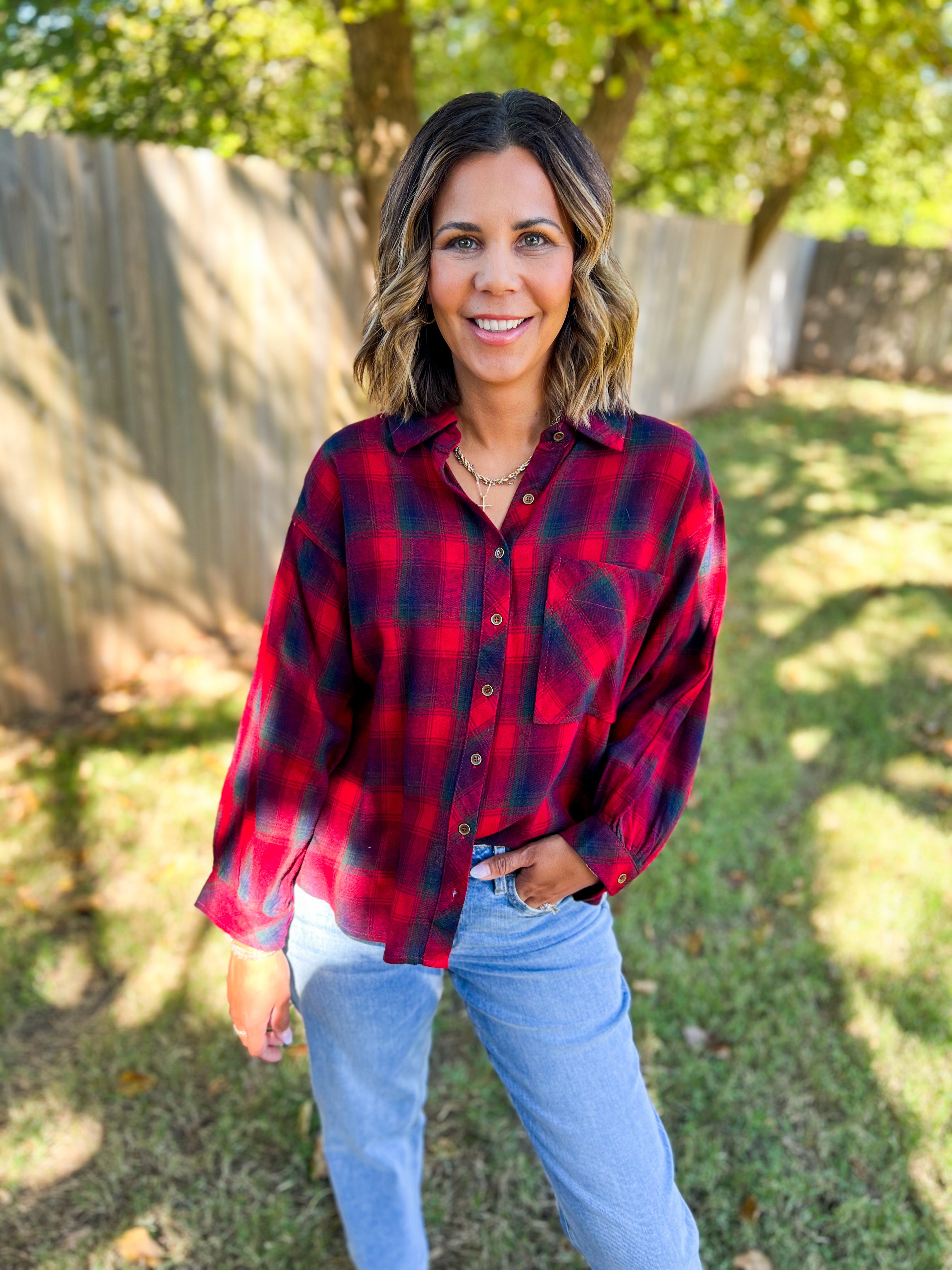 Red Plaid Print Button Down