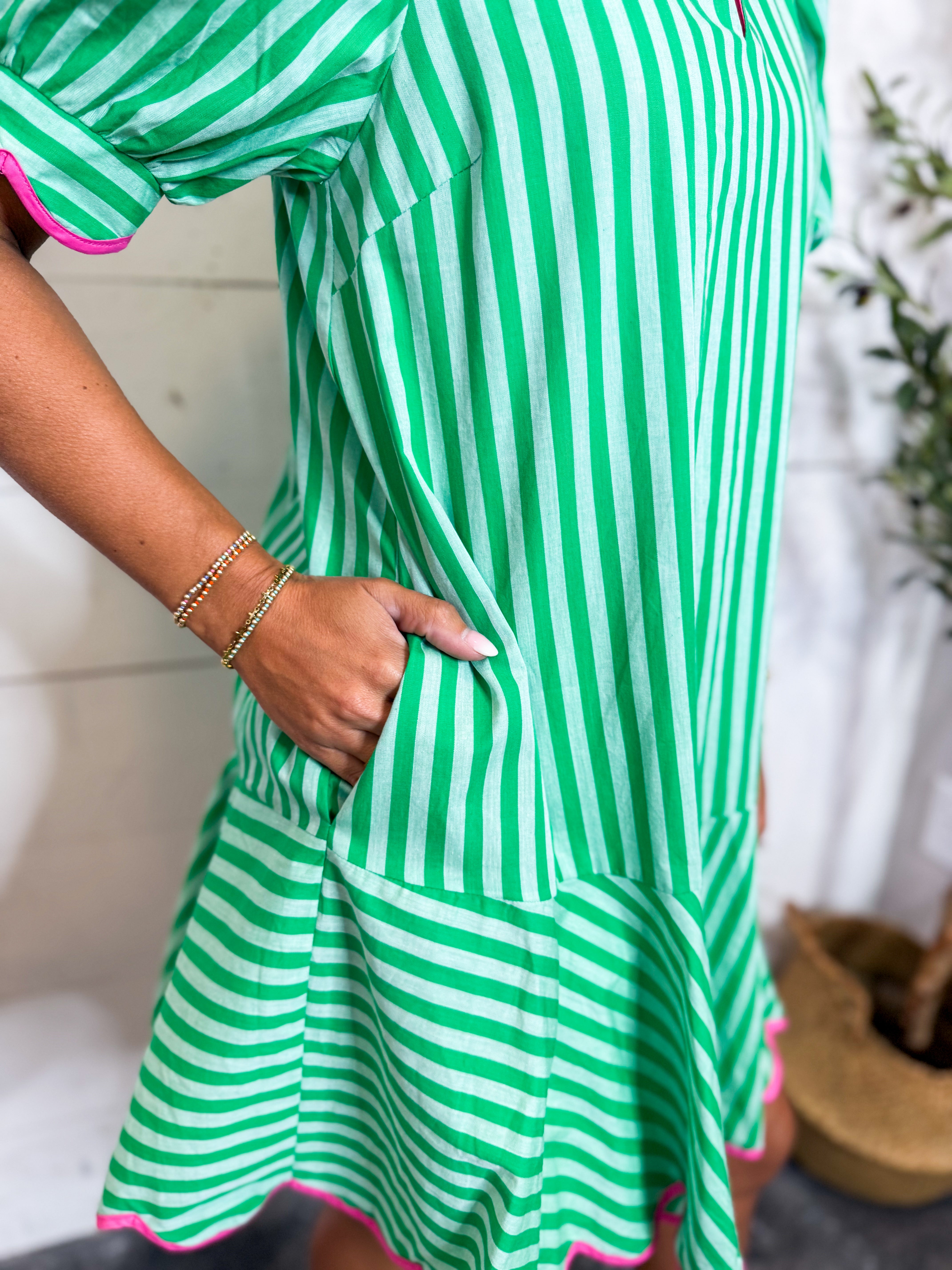 Green Mini Dress With Pink Scallop Trim Detail