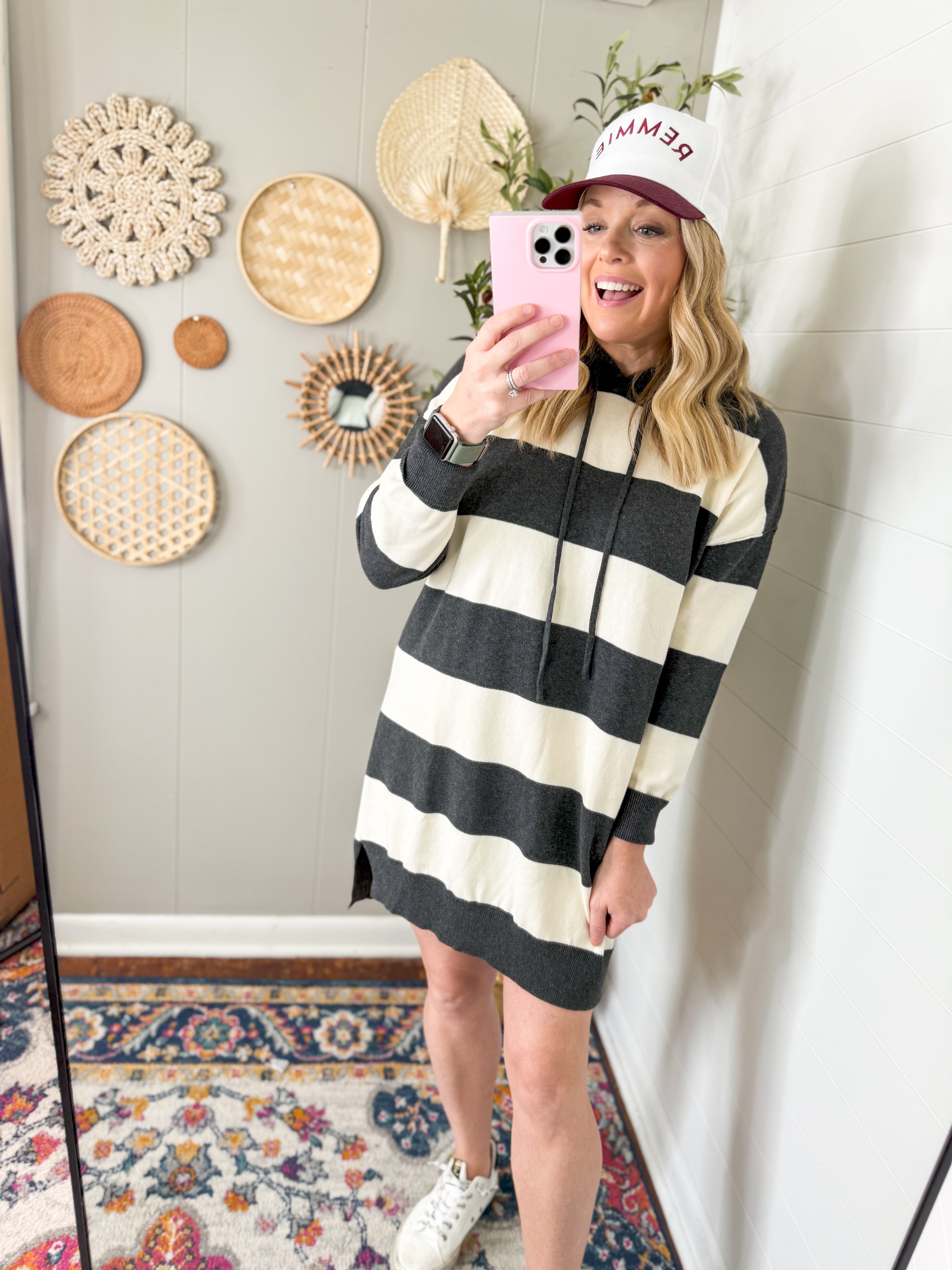 Striped Drawstring Hoodie Knit Dress