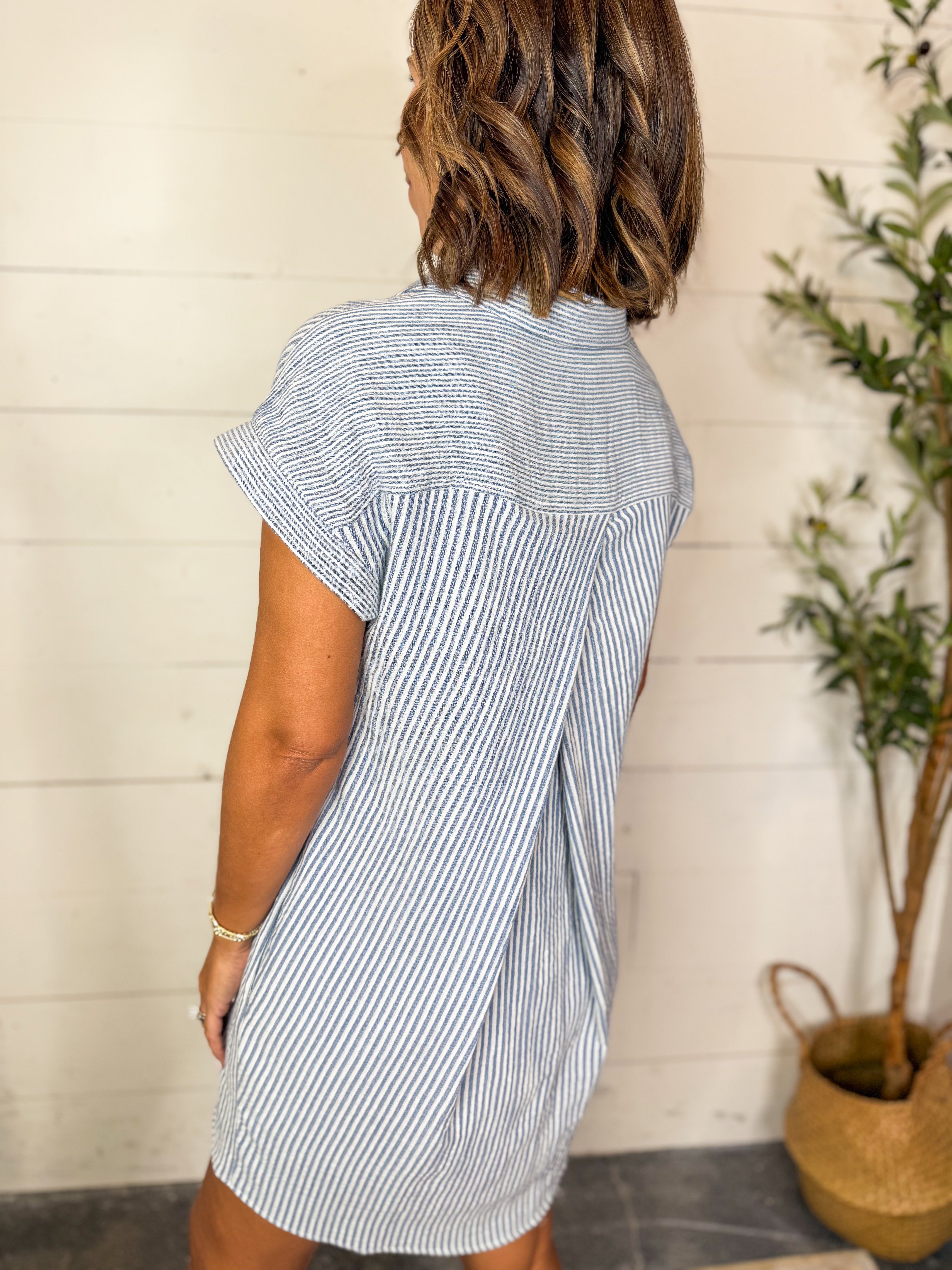 Crescent Dress-Ivory Blue Stripe