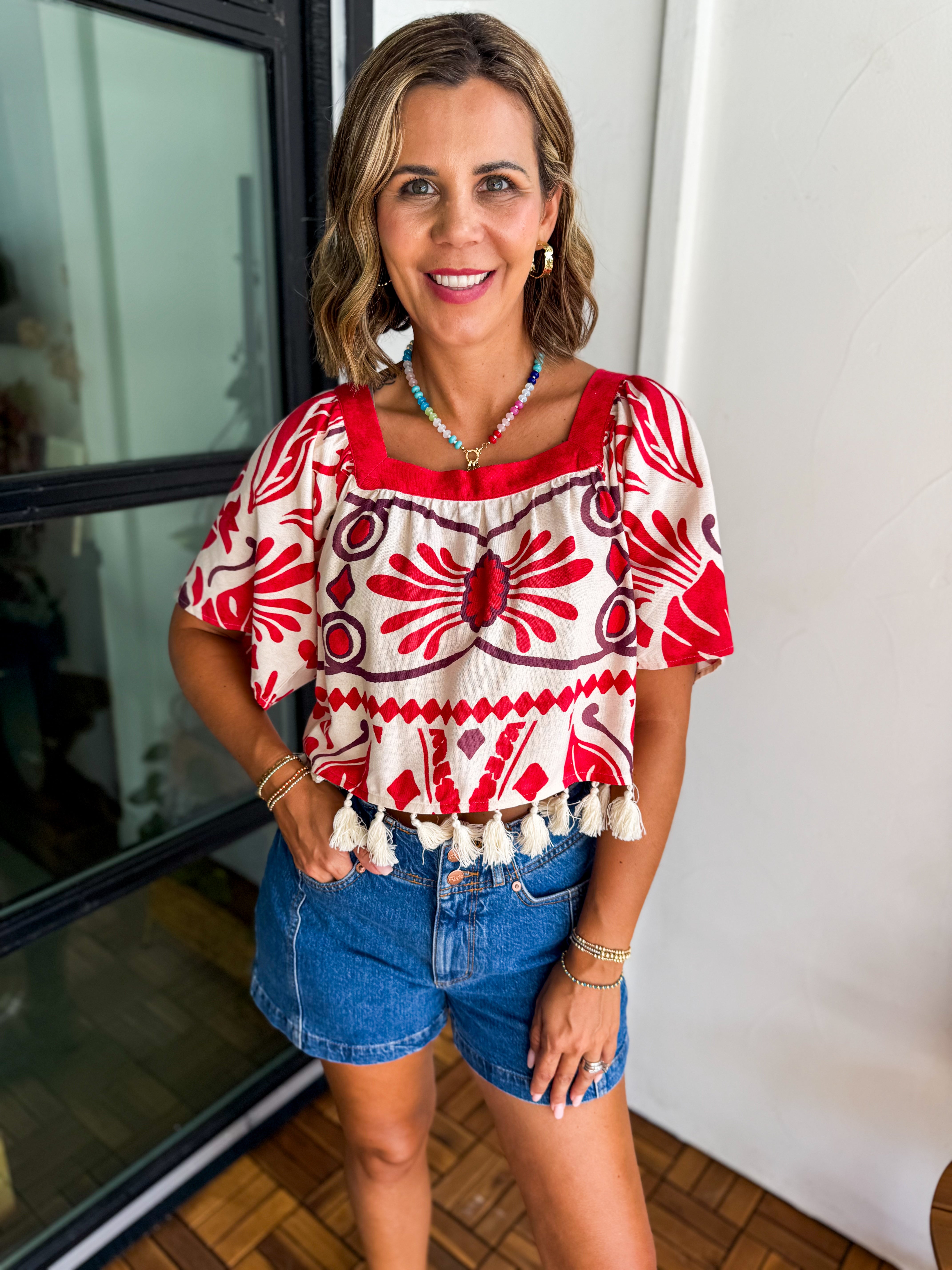 Geo & Tropical Print Linen Blend Top