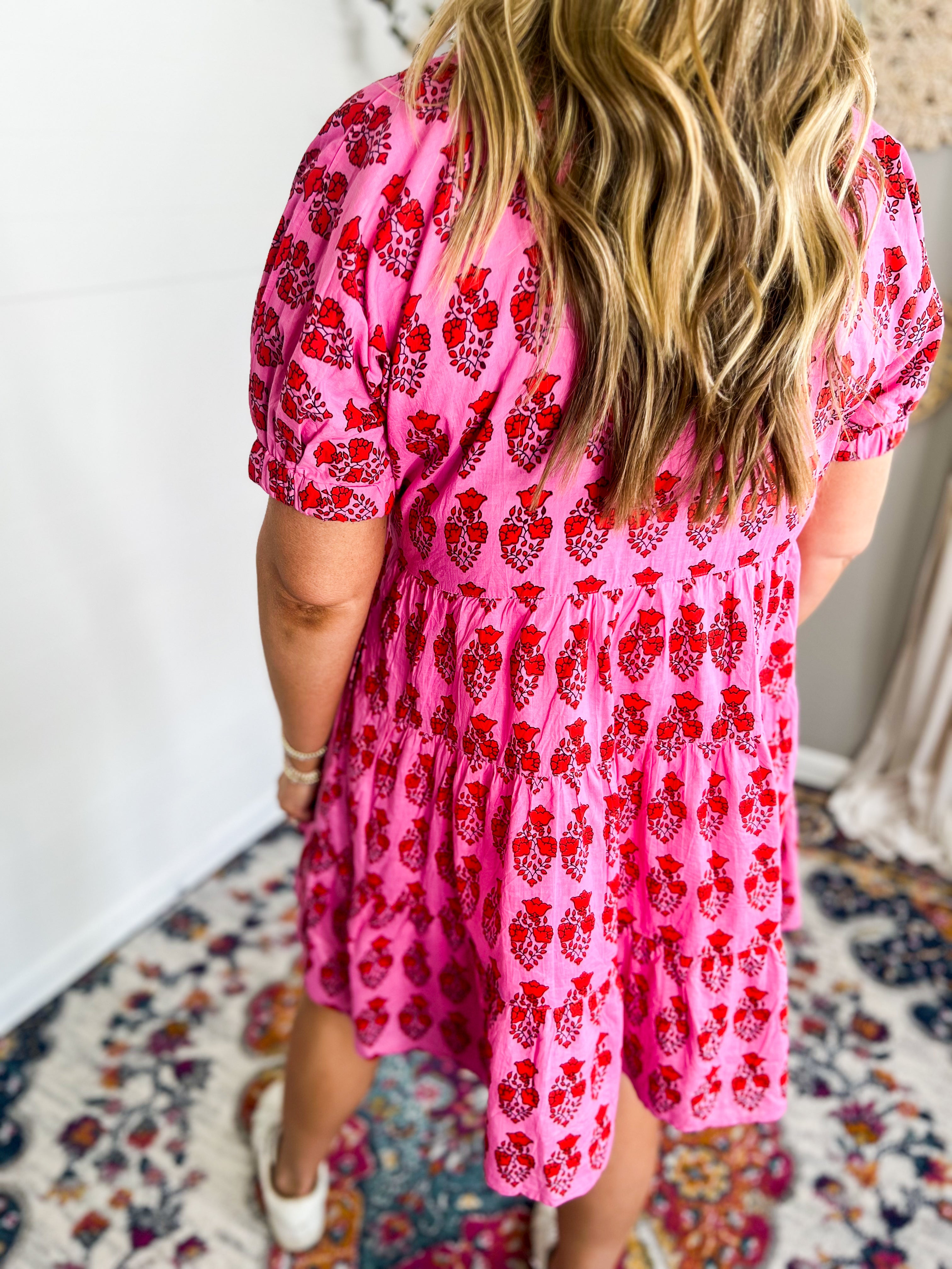 THML Pink Short Sleeve Print Midi Dress