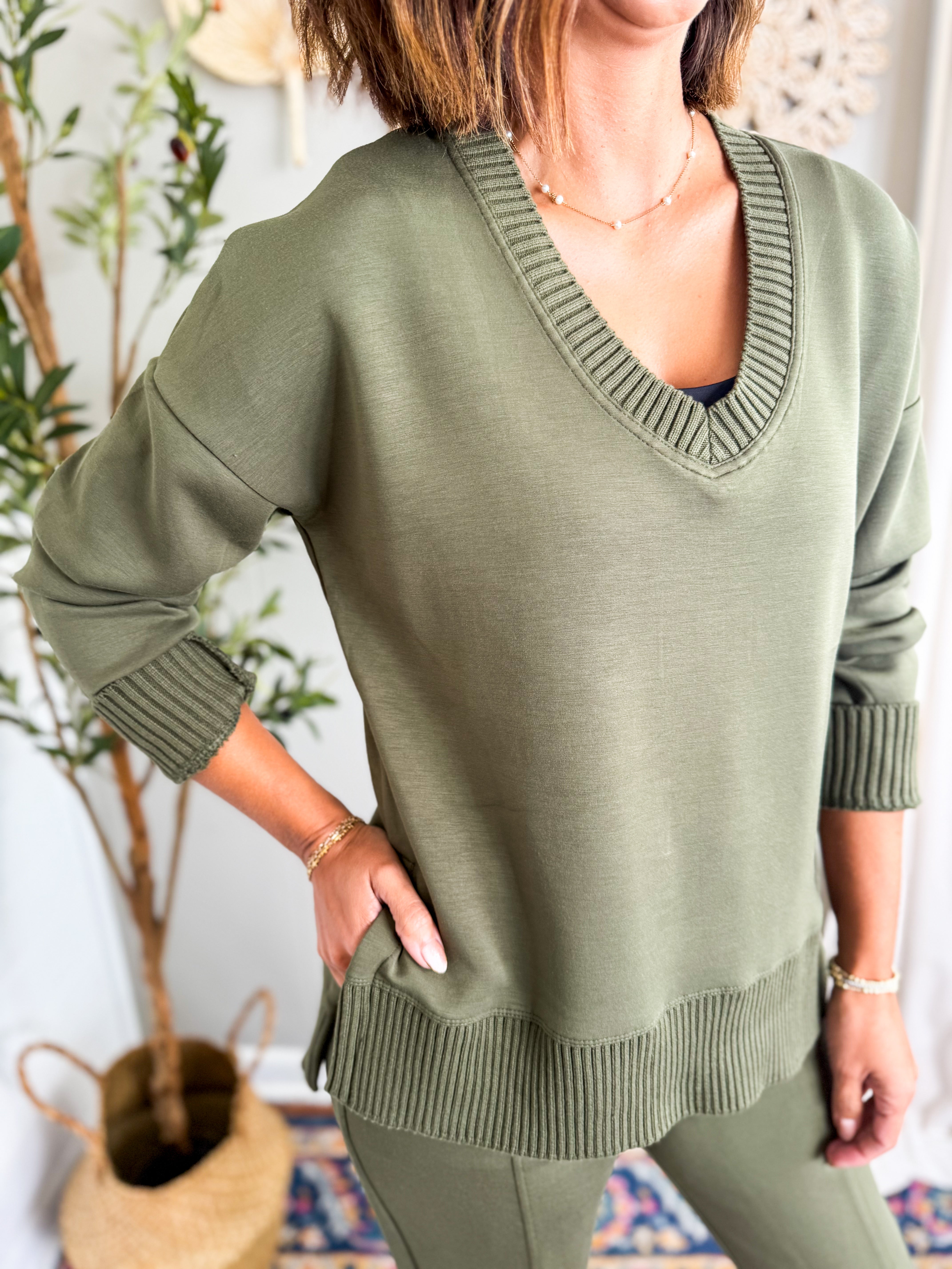 RD Vixie Soft Knit Sweater Rib Long Sleeve Sweater - Olive