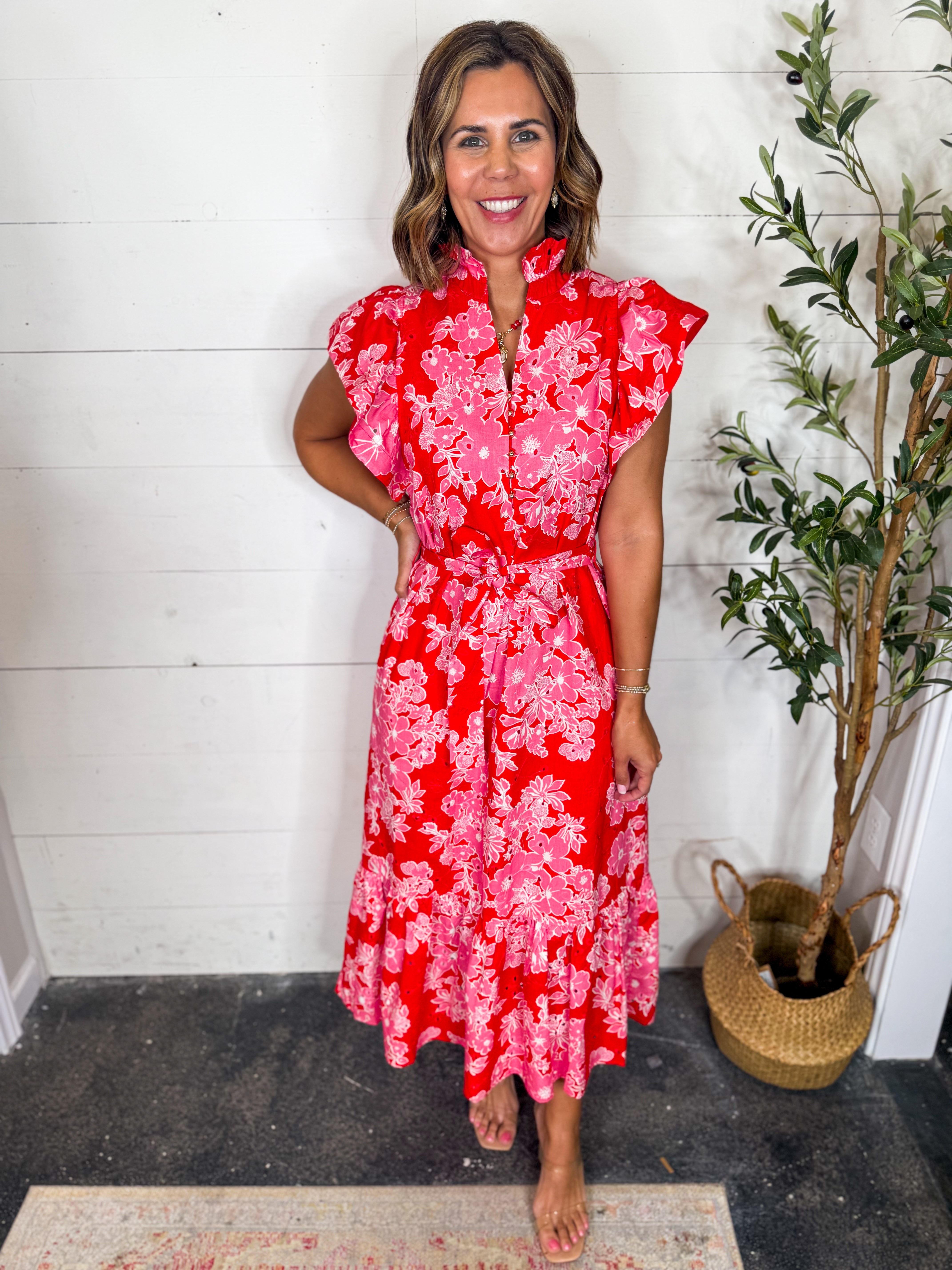 Red Floral Print Flutter Sleeve Midi Dress