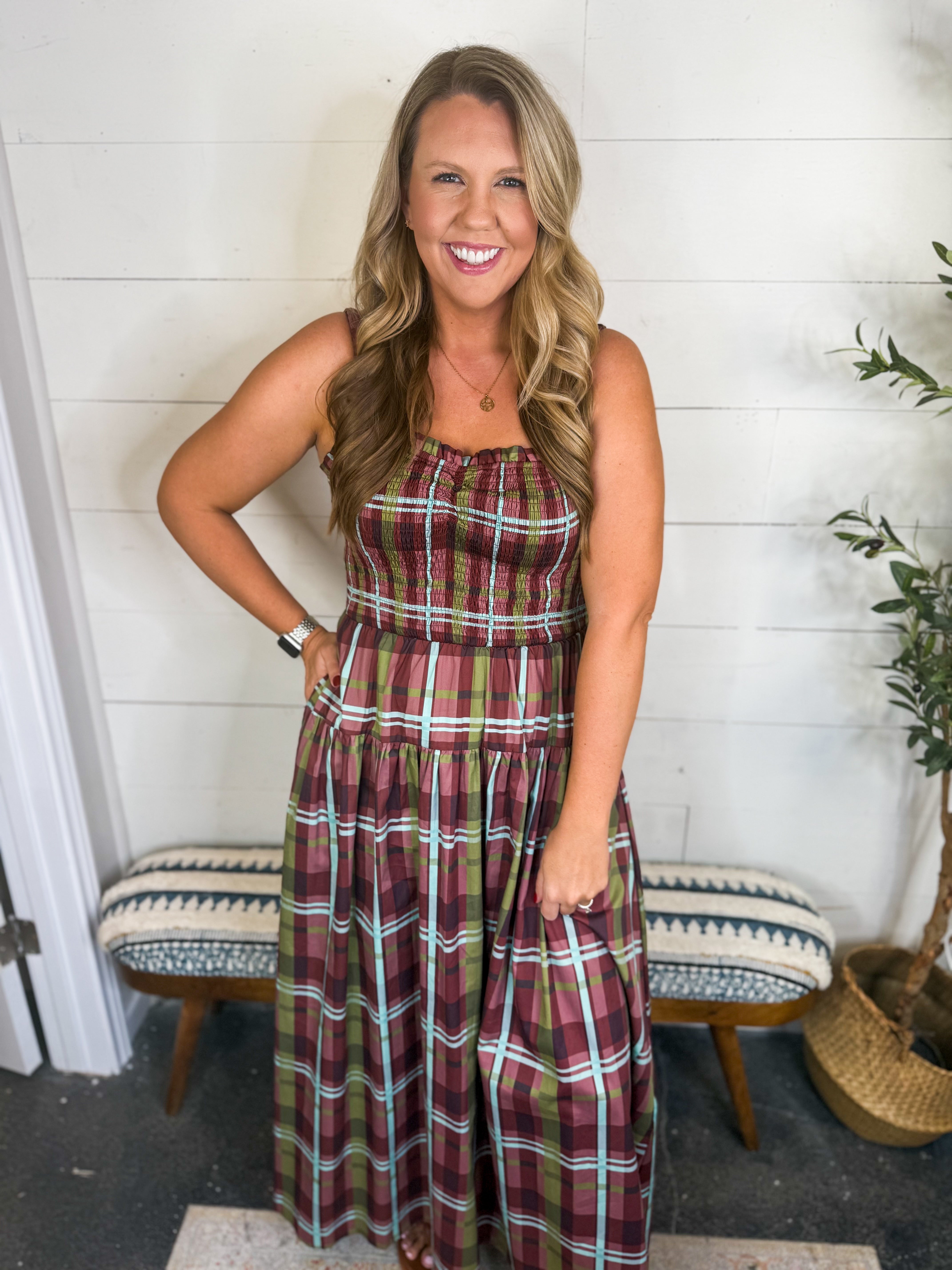 Pretty Follies Burgundy Plaid Sleeveless Maxi Dress