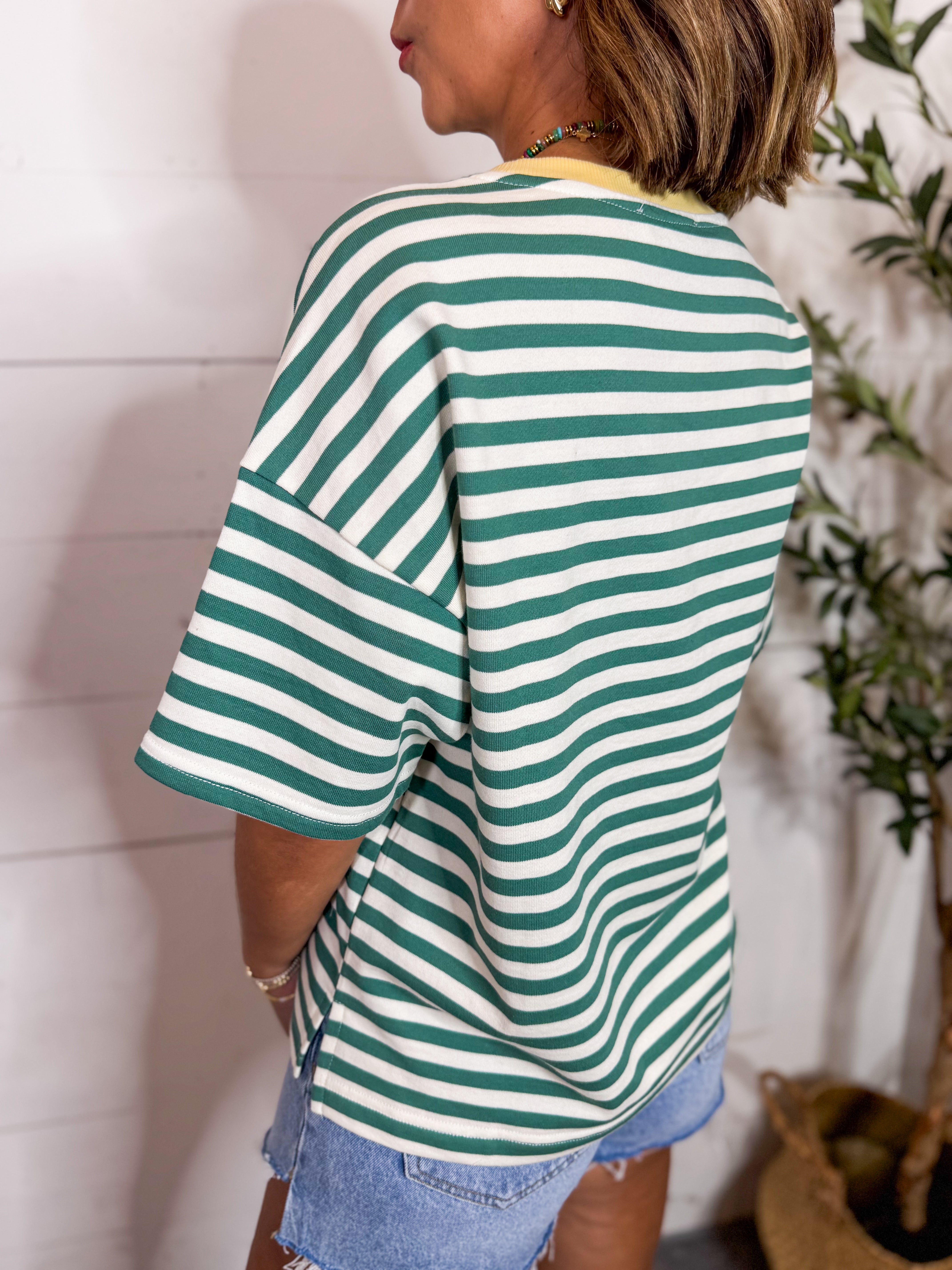 Green Stripe Contrast Neckline Short Sleeve Knit Top