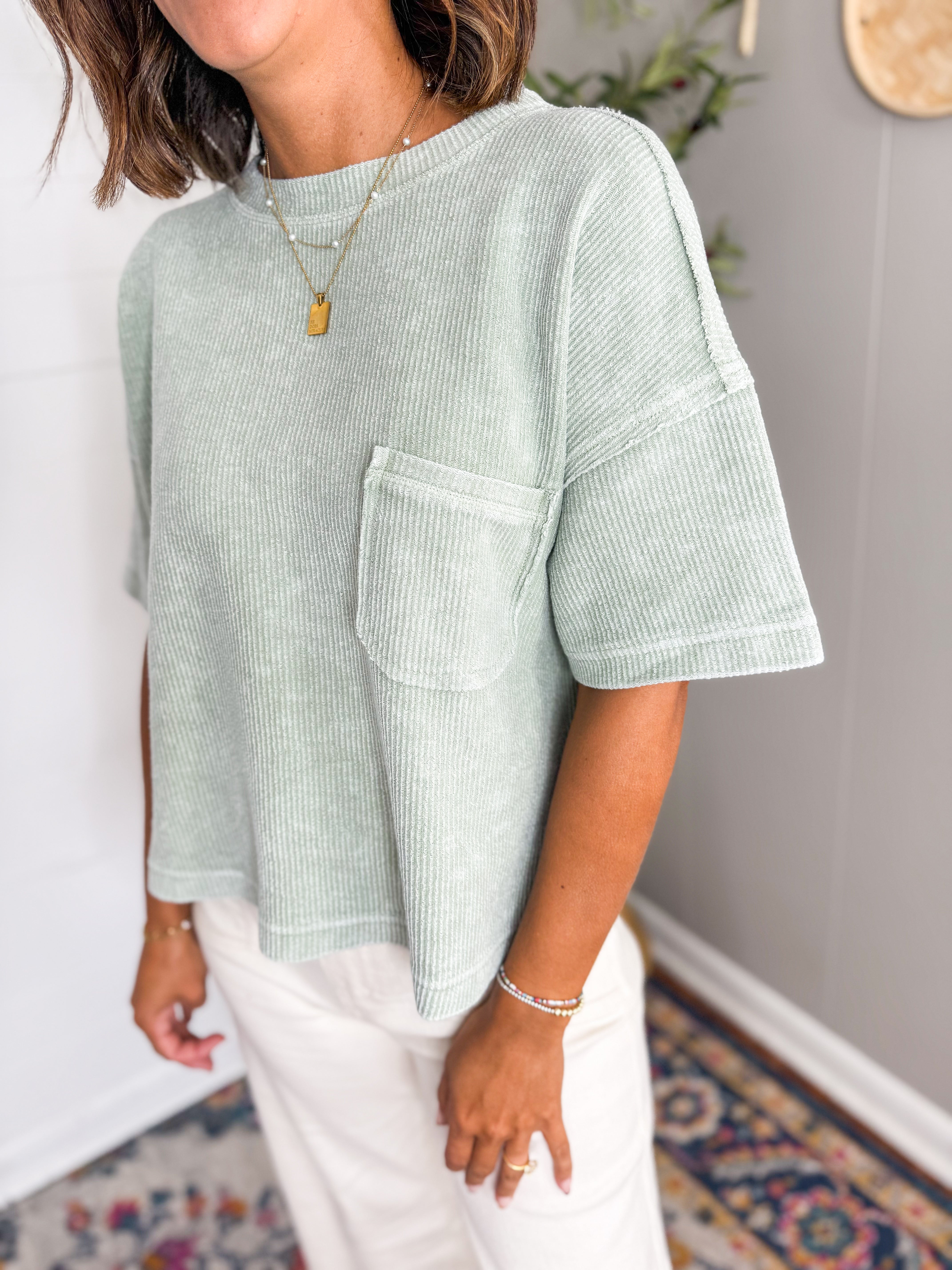 Sage Ribbed Short Sleeve Tee With Pocket