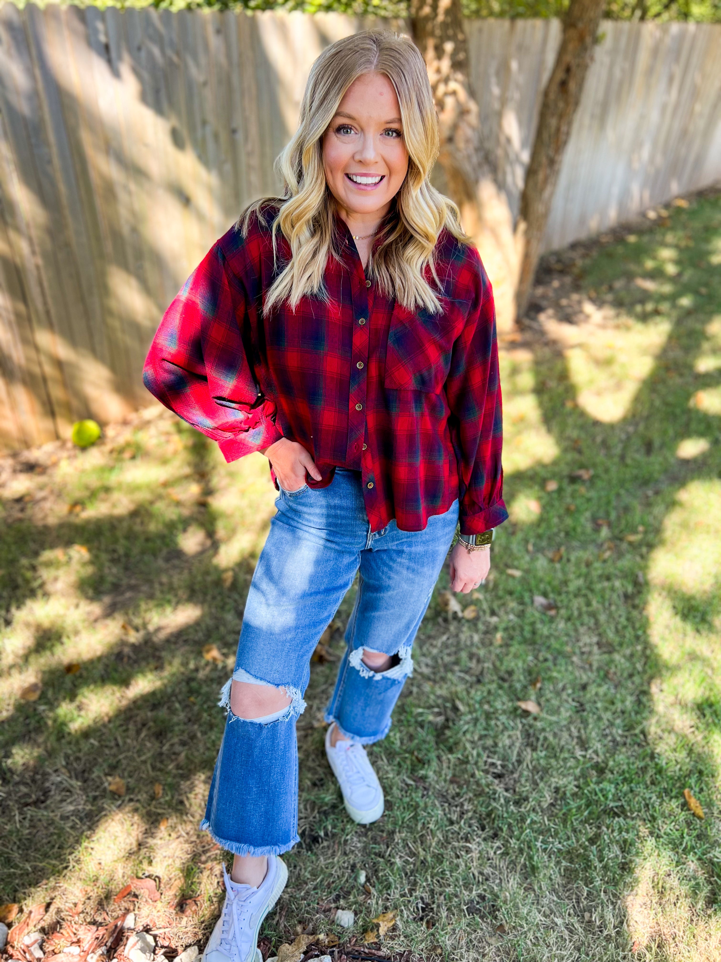 Red Plaid Print Button Down