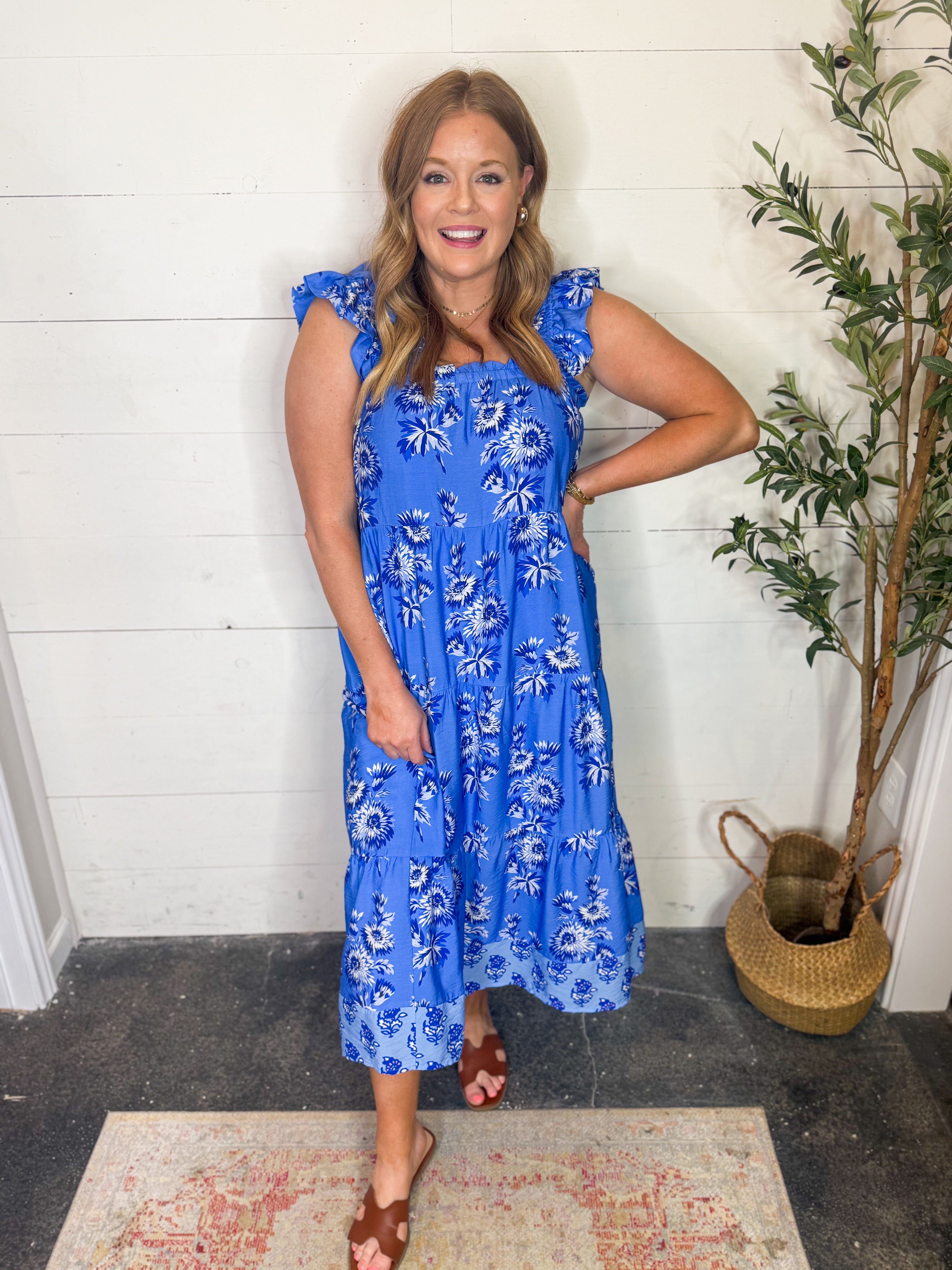 THML Flutter Sleeve Floral Print Tiered Dress